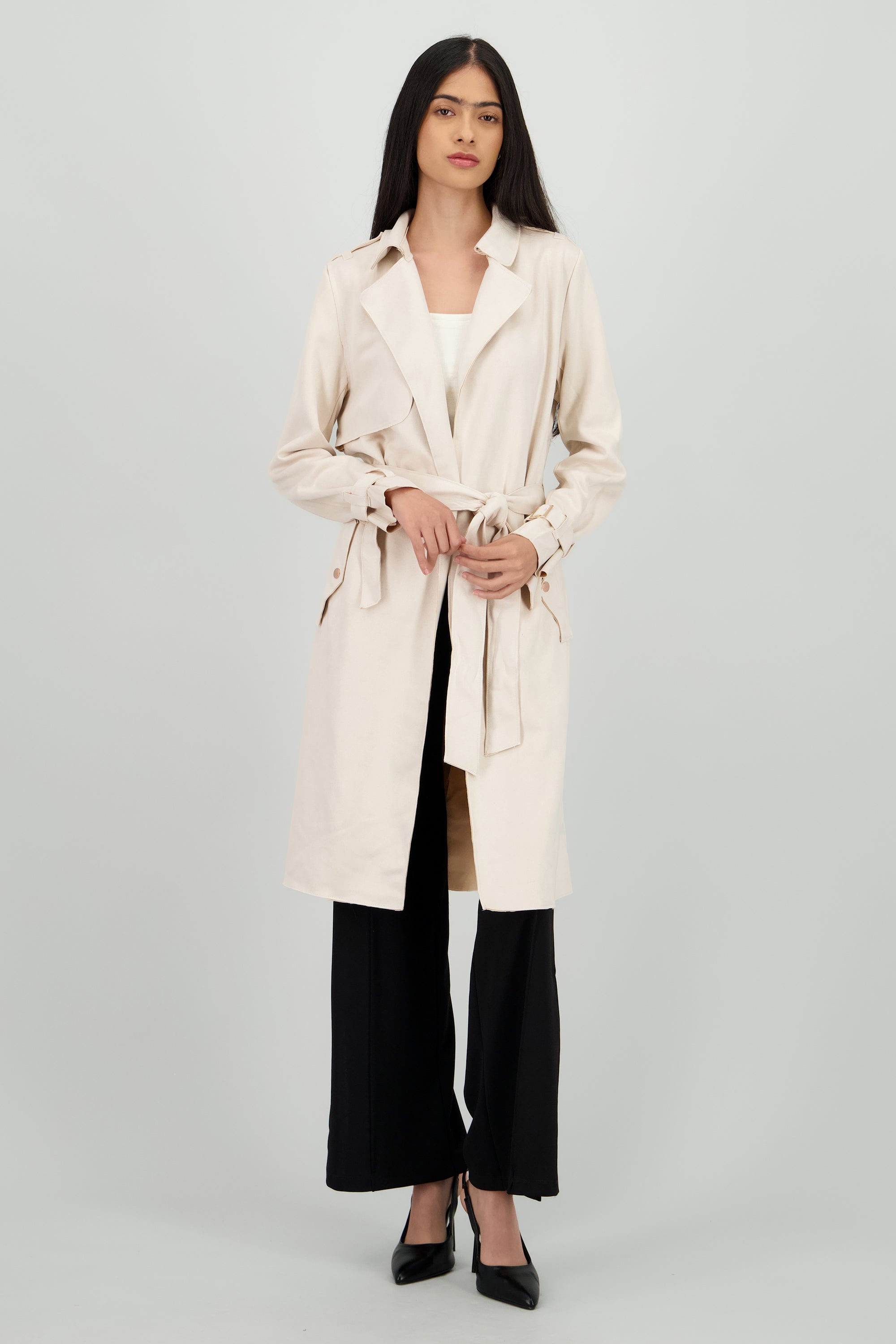Abrigo suede con cinturon CREMA