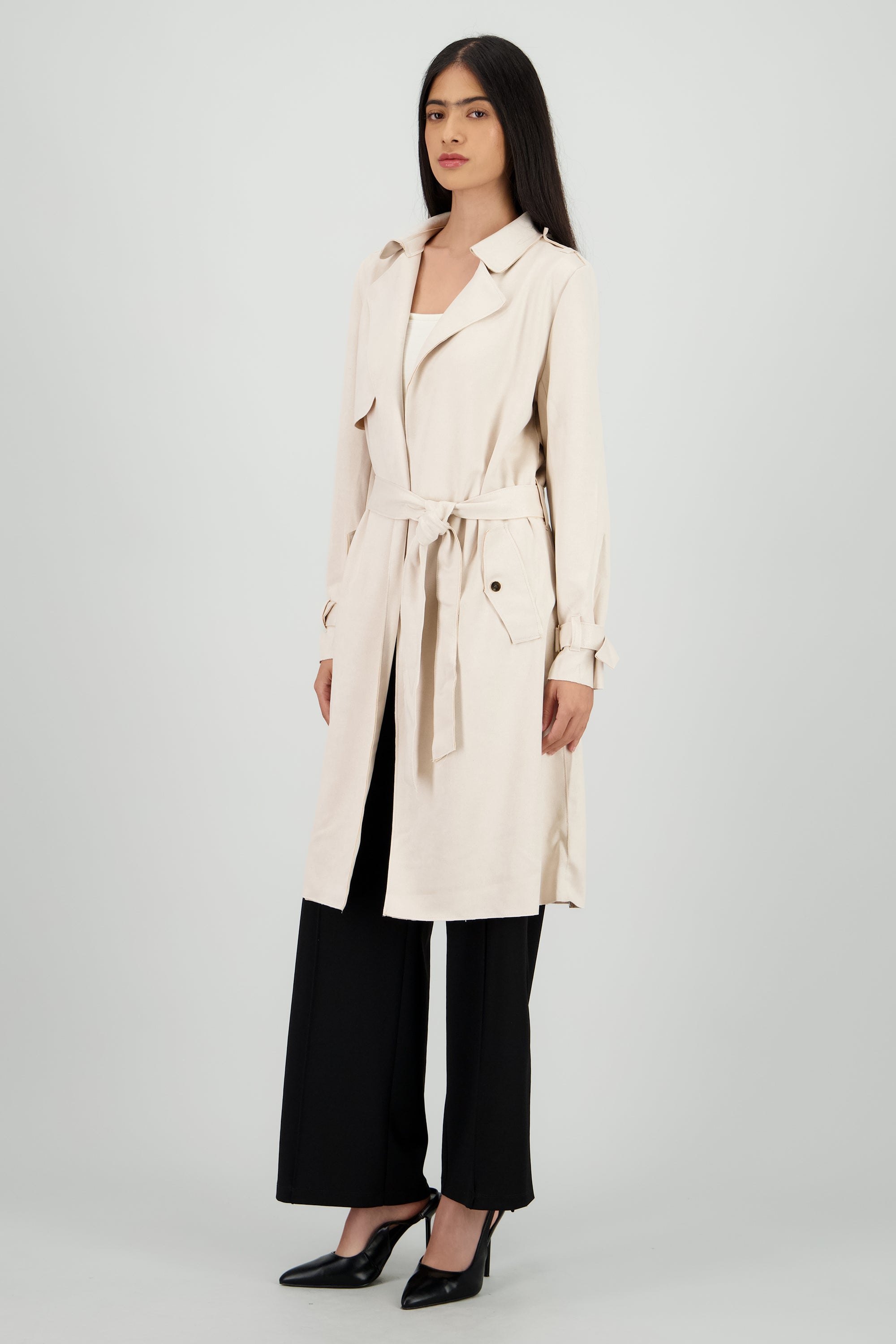 Abrigo suede con cinturon CREMA