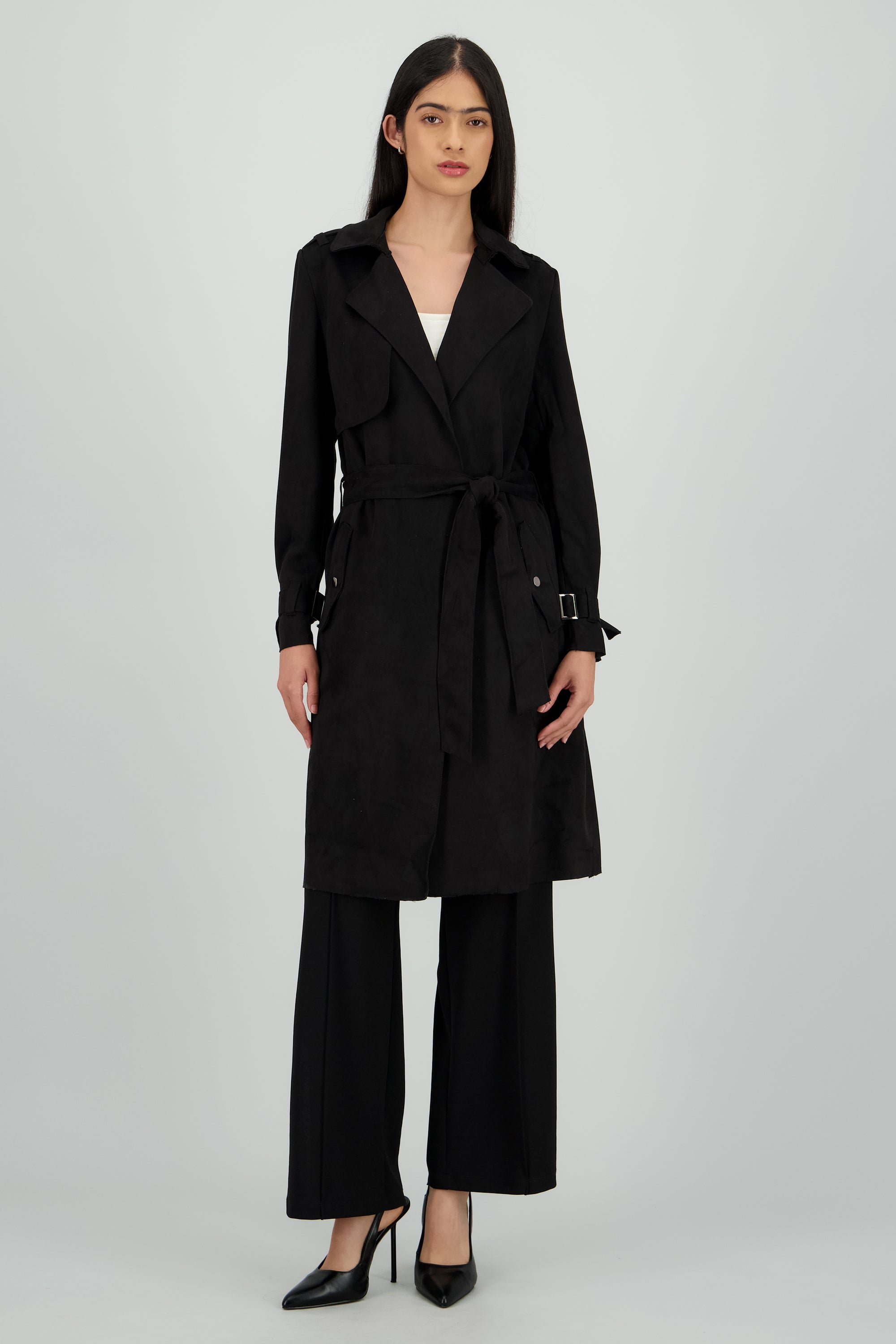Abrigo suede con cinturon NEGRO