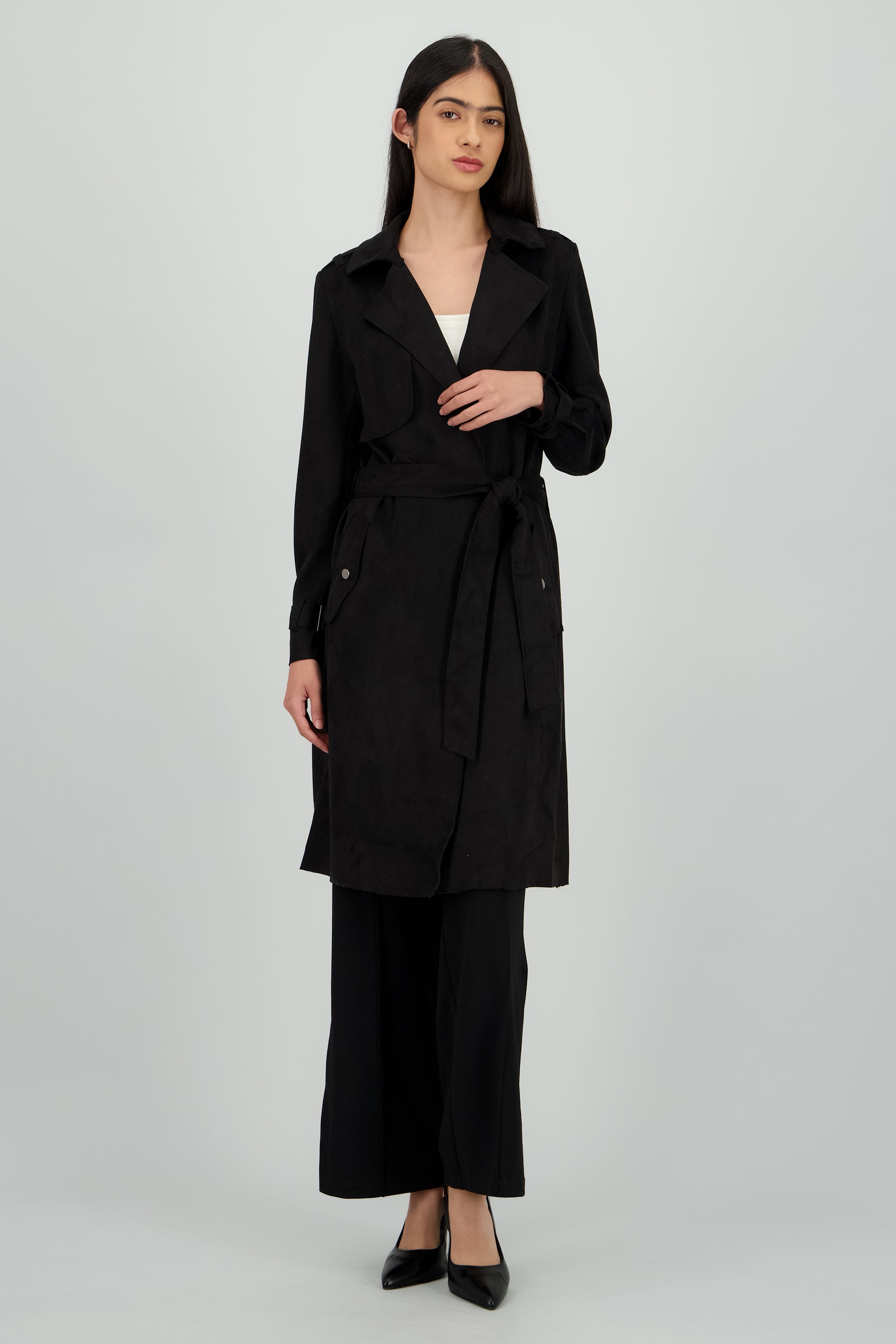 Abrigo suede con cinturon NEGRO
