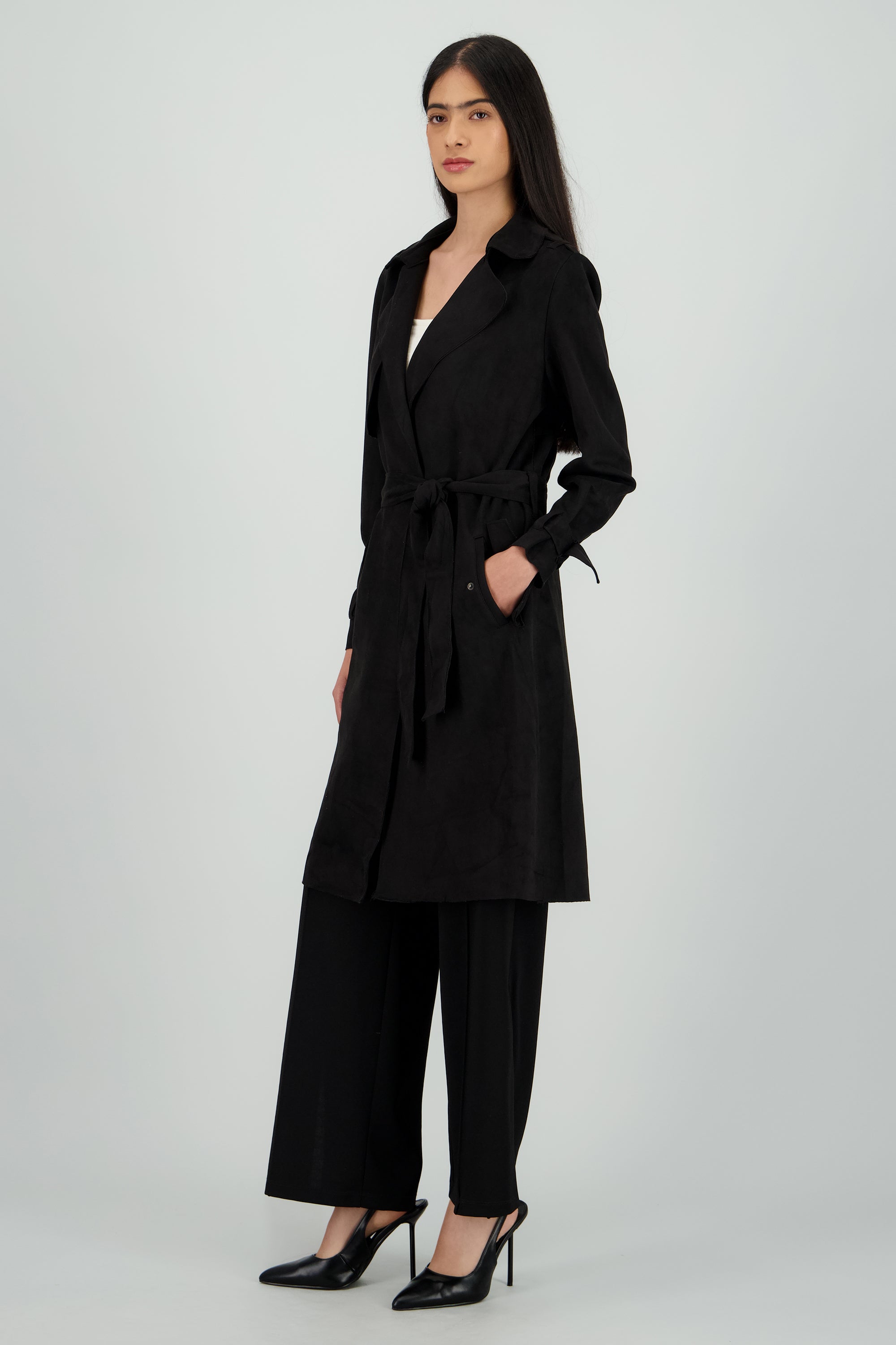 Abrigo suede con cinturon NEGRO
