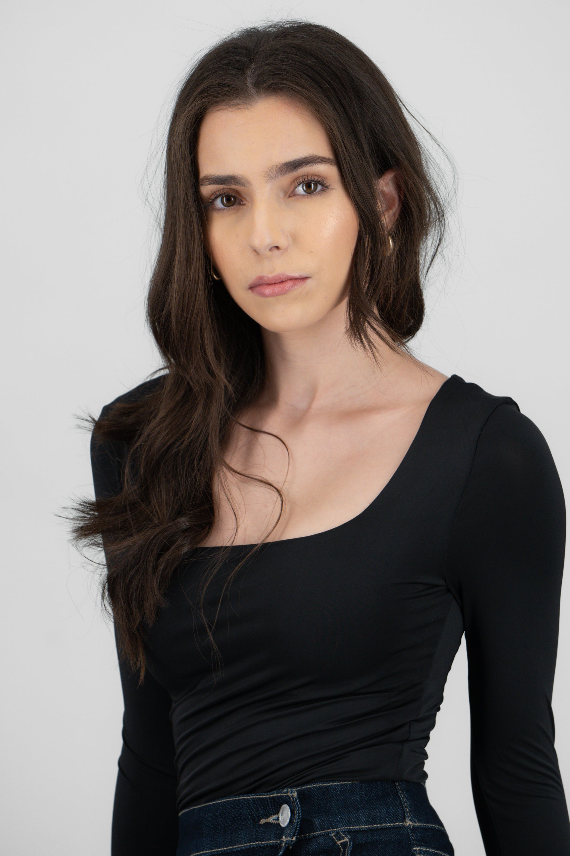 Bodysuit liso manga larga cuello cuadrado NEGRO