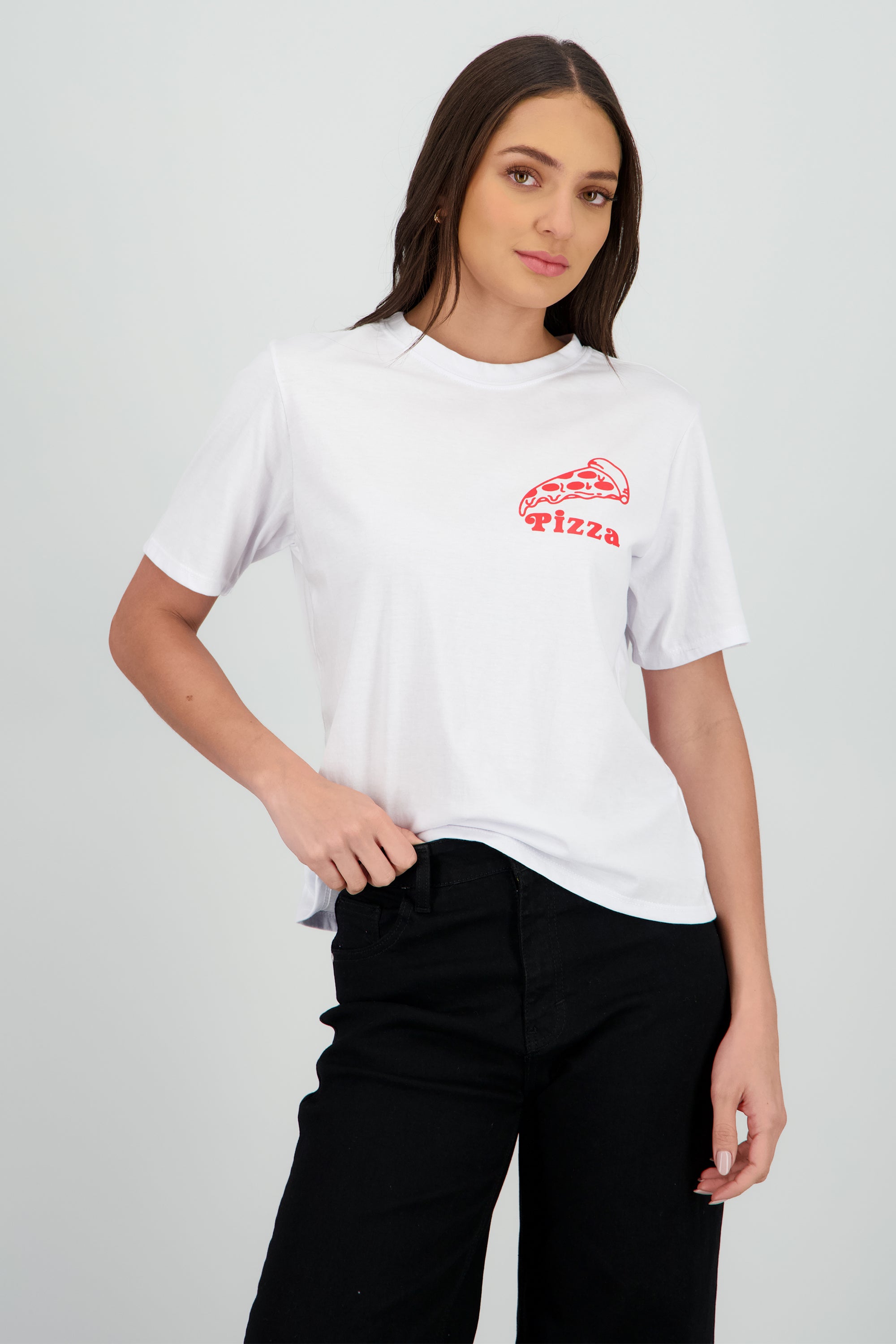 Playera oversized estampado pizza retro BLANCO