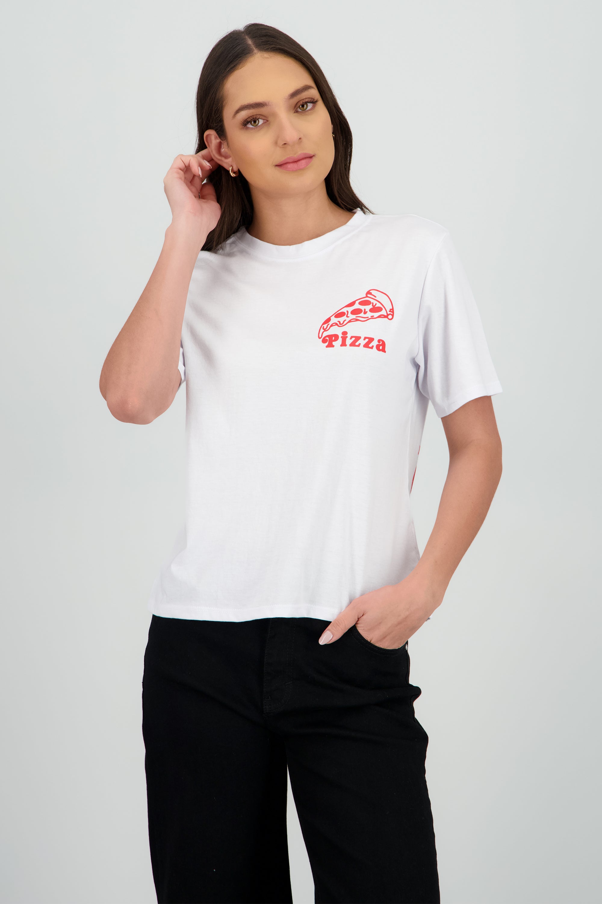Playera oversized estampado pizza retro BLANCO