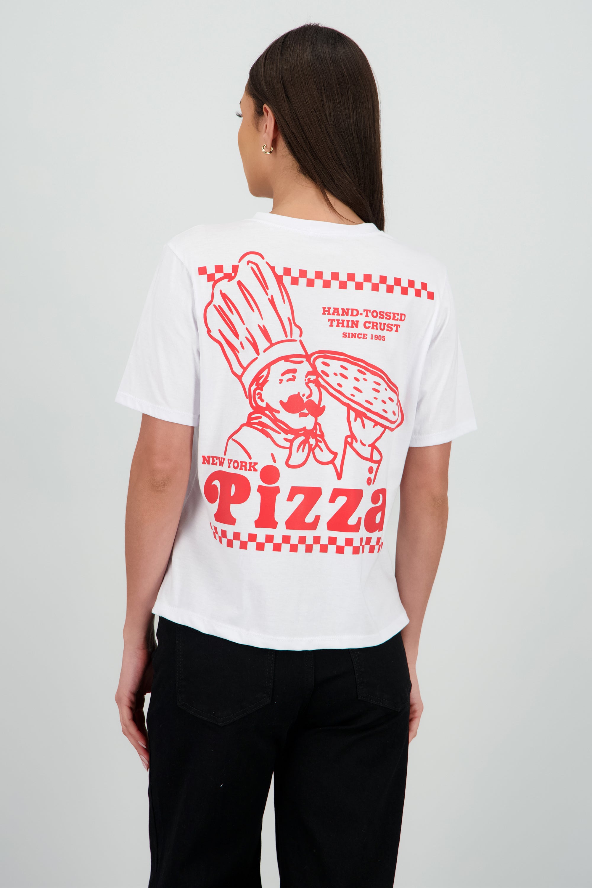 Playera oversized estampado pizza retro BLANCO