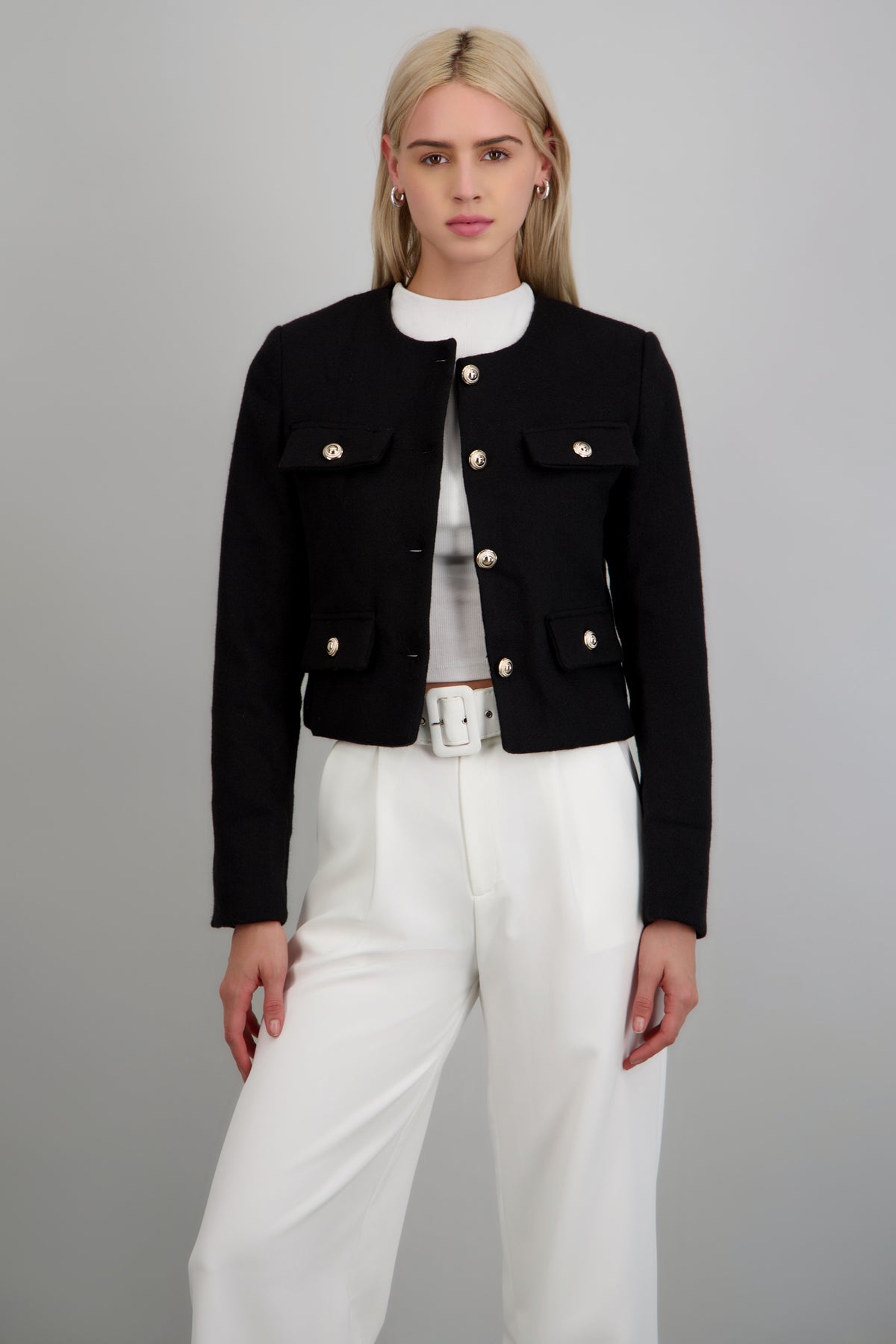 Saco tweed con bolsas y botones NEGRO
