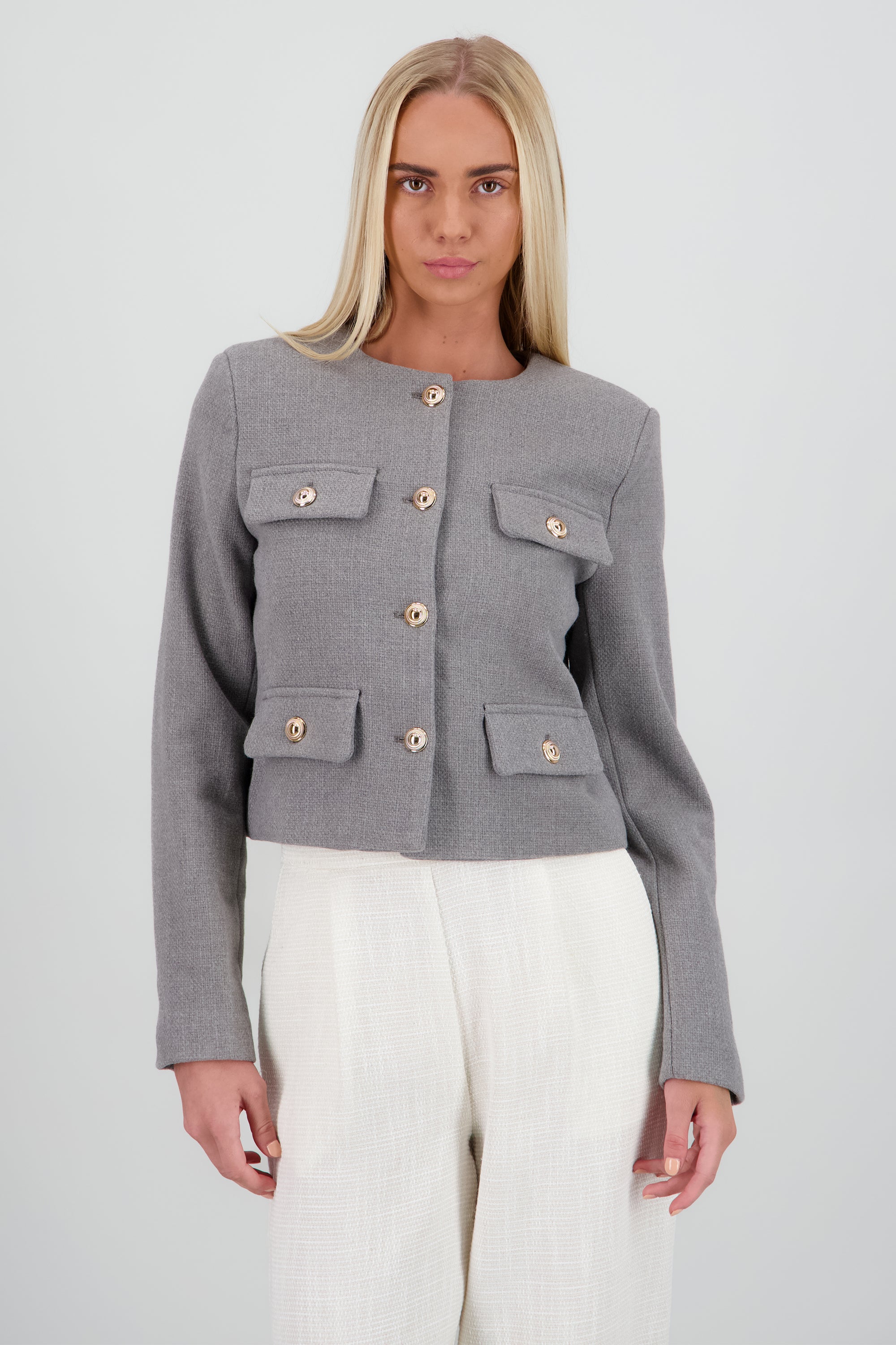 Saco tweed con bolsas y botones GRIS
