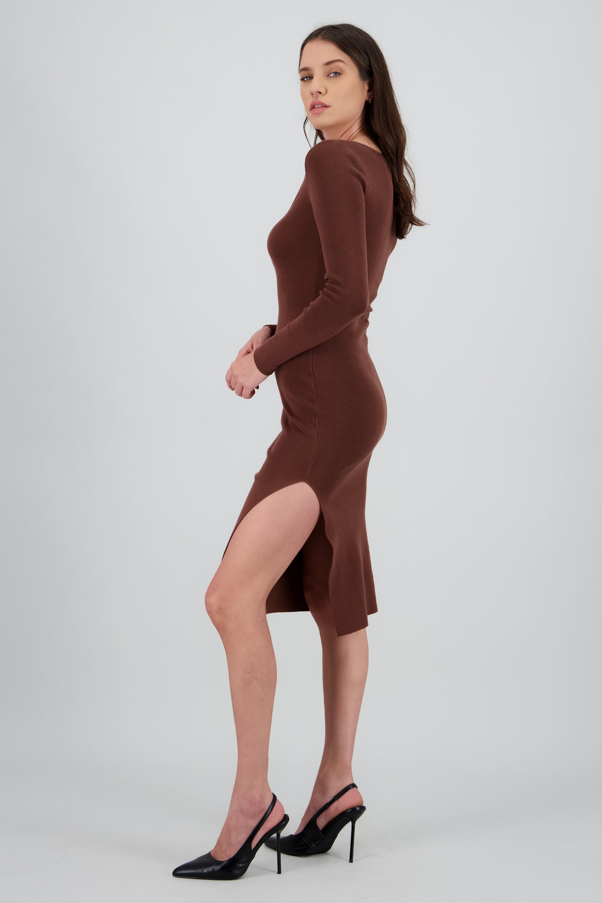 Vestido tejido escote cuadrado CHOCOLATE