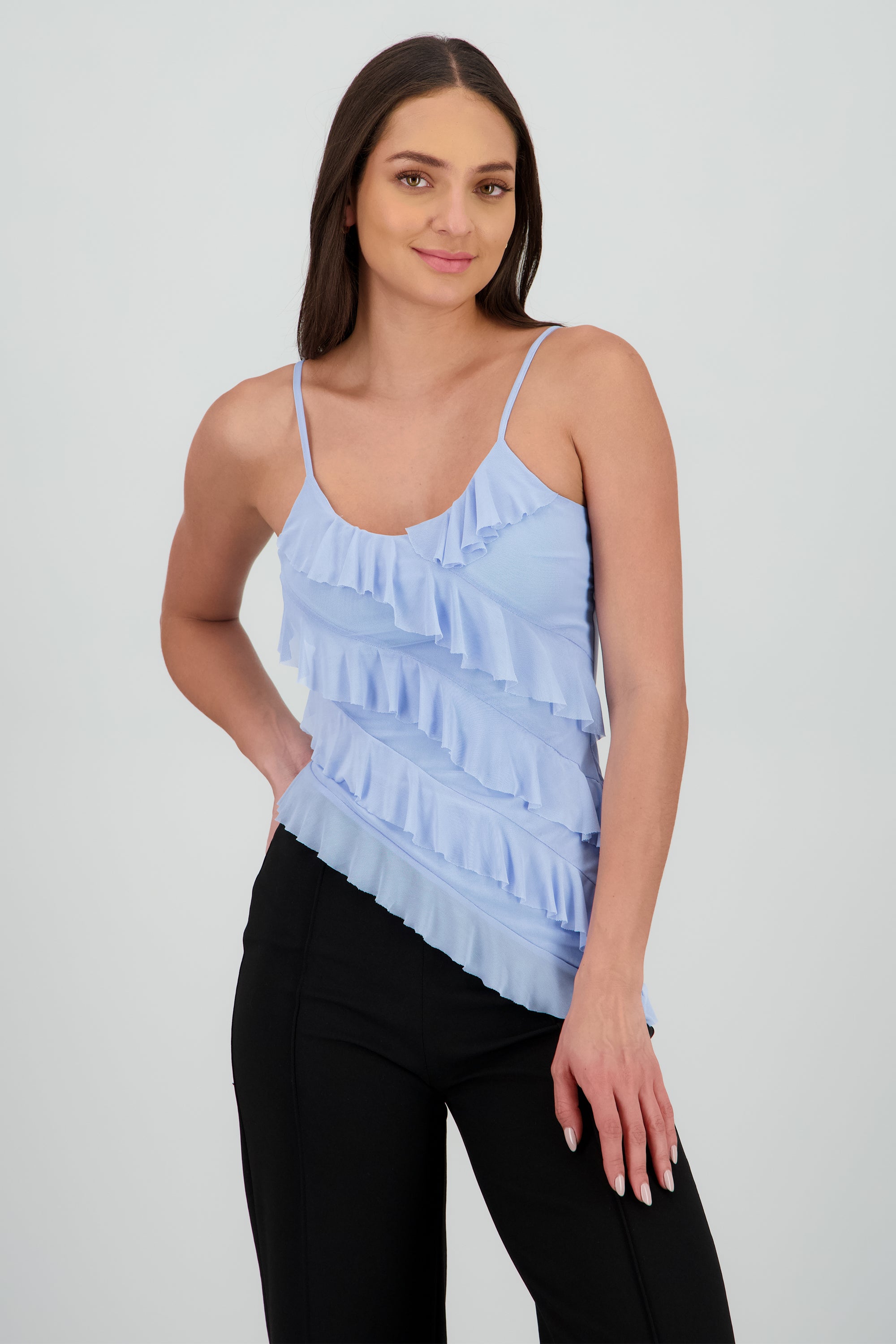 Top con olanes de mesh AZUL