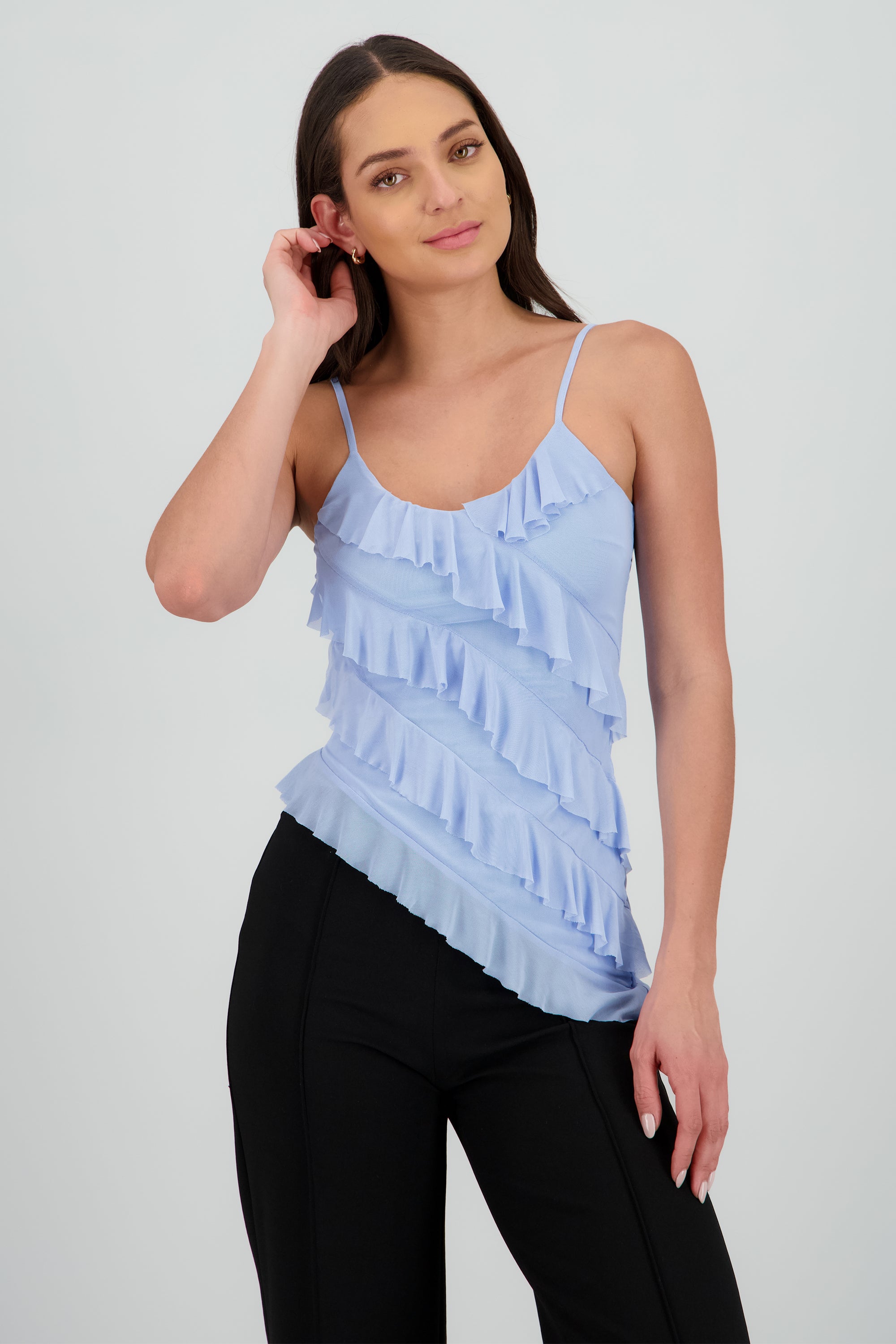 Top con olanes de mesh AZUL
