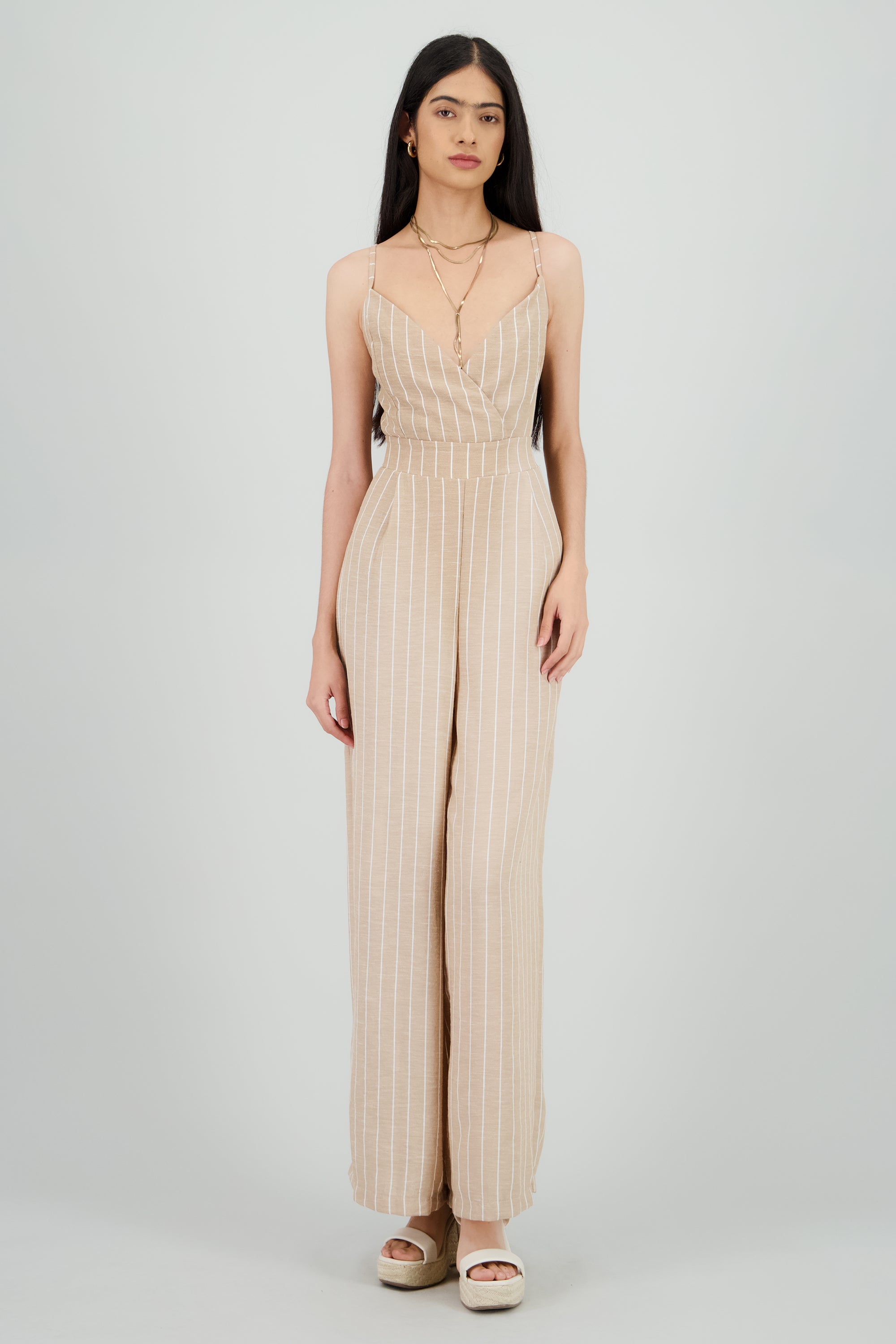 Jumpsuit tirantes escote v rayas BEIGE