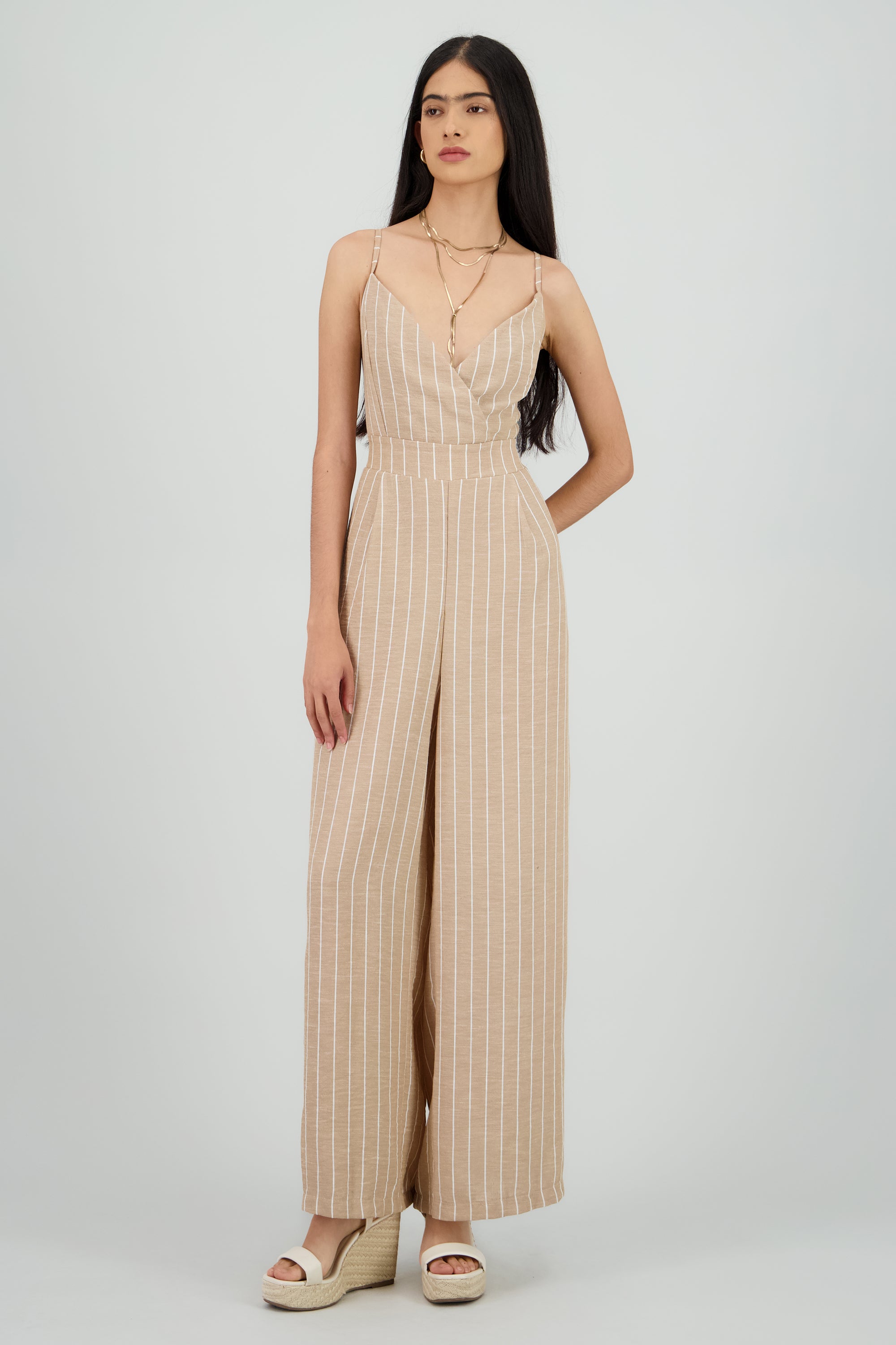 Jumpsuit tirantes escote v rayas BEIGE