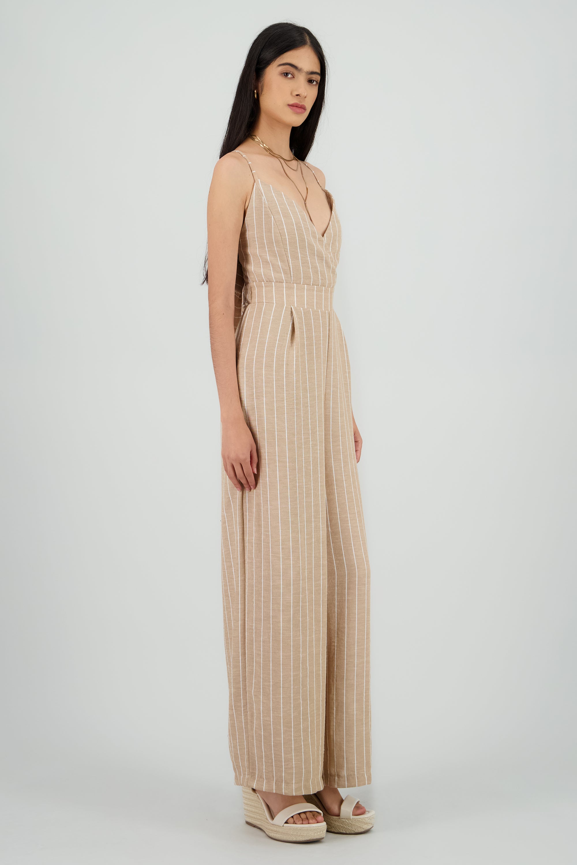 Jumpsuit tirantes escote v rayas BEIGE