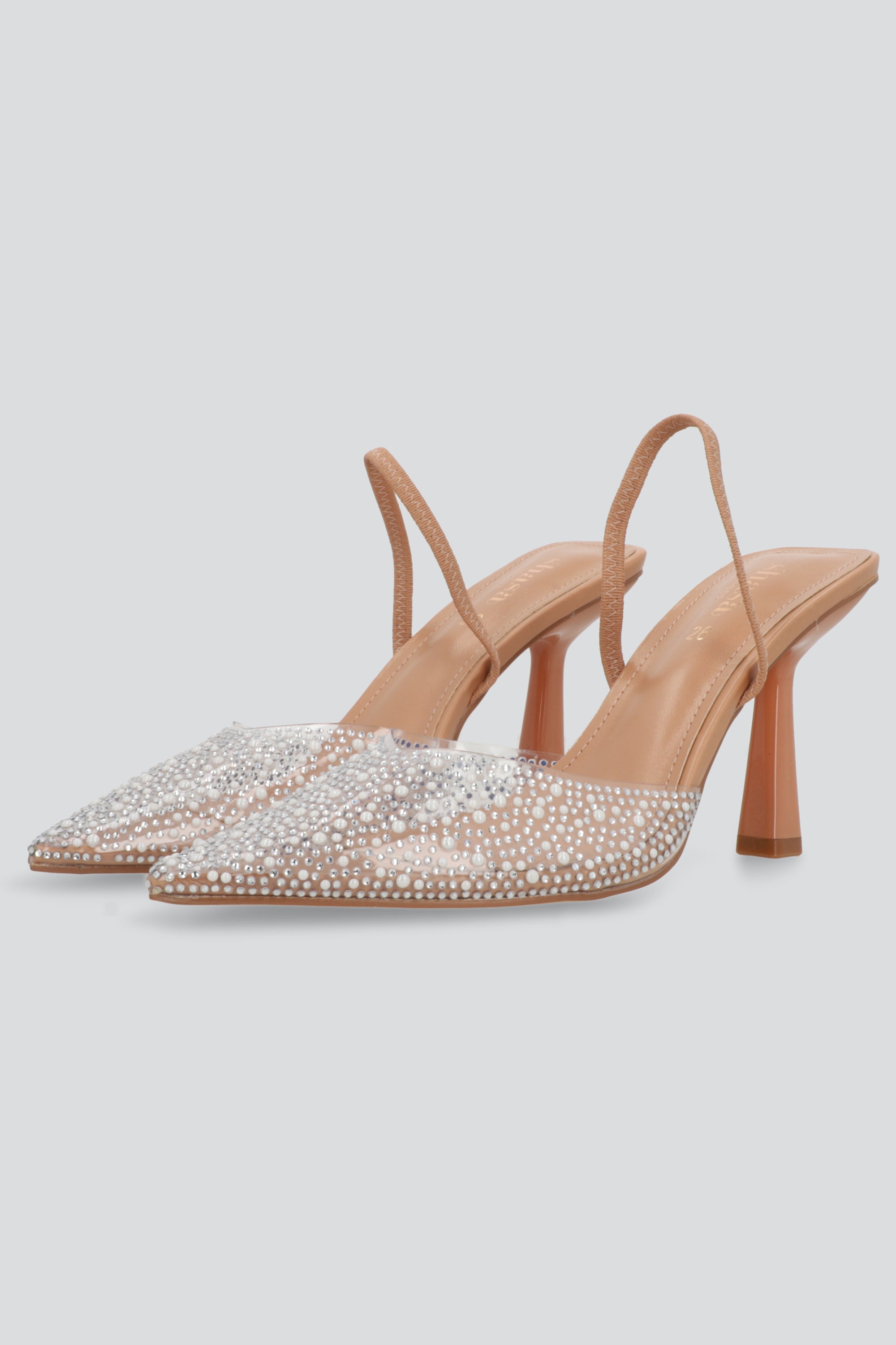 Tacon pointy transparente brillos y perlas NUDE