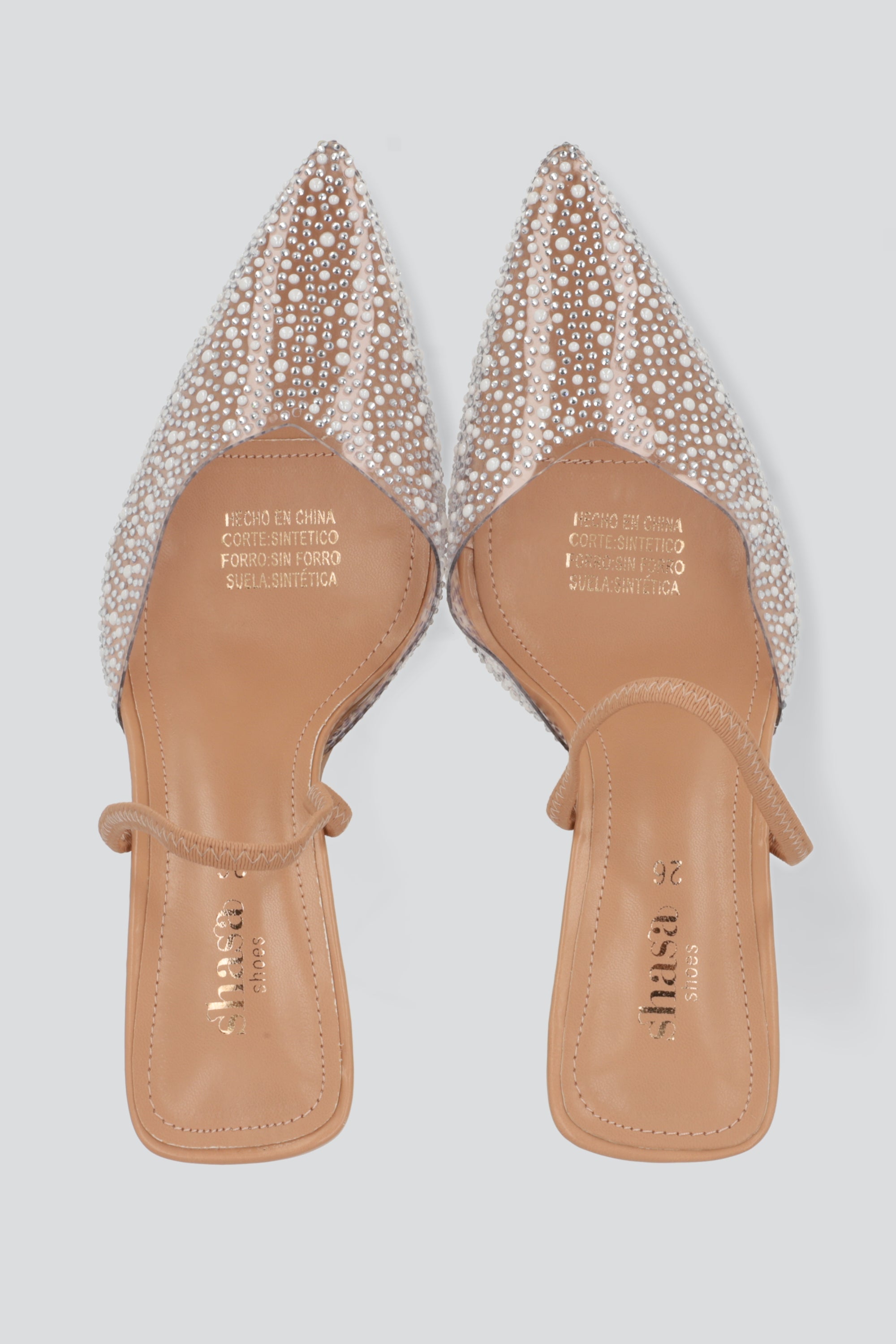 Tacon pointy transparente brillos y perlas NUDE