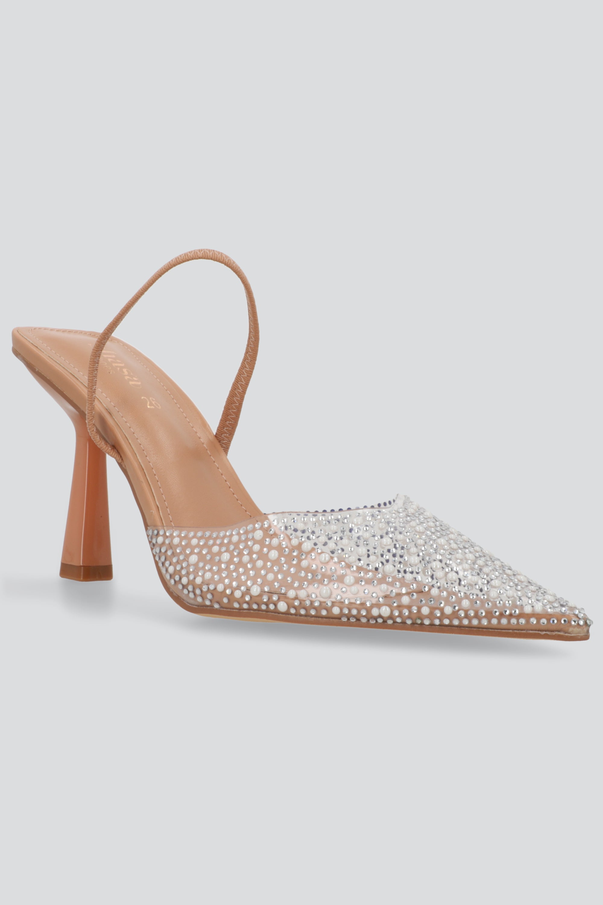 Tacon pointy transparente brillos y perlas NUDE