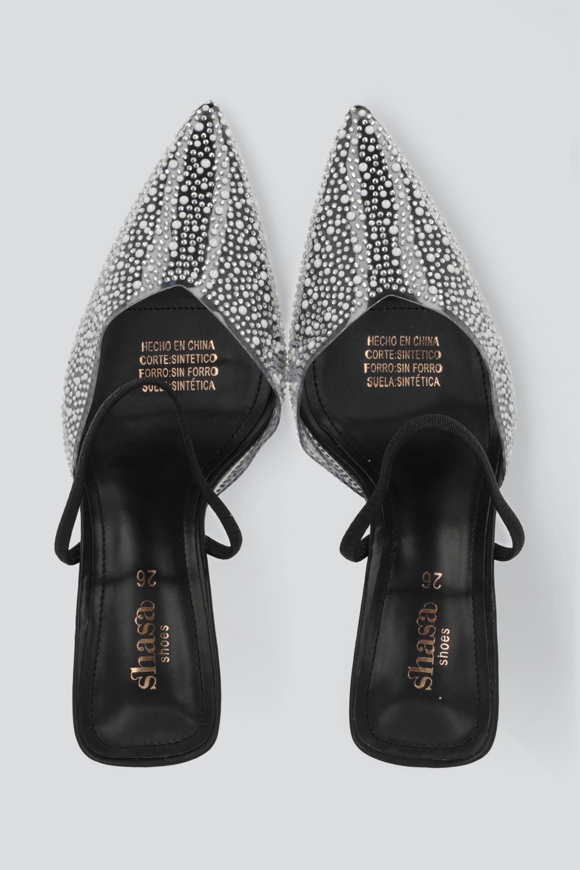 Tacon pointy transparente brillos y perlas NEGRO