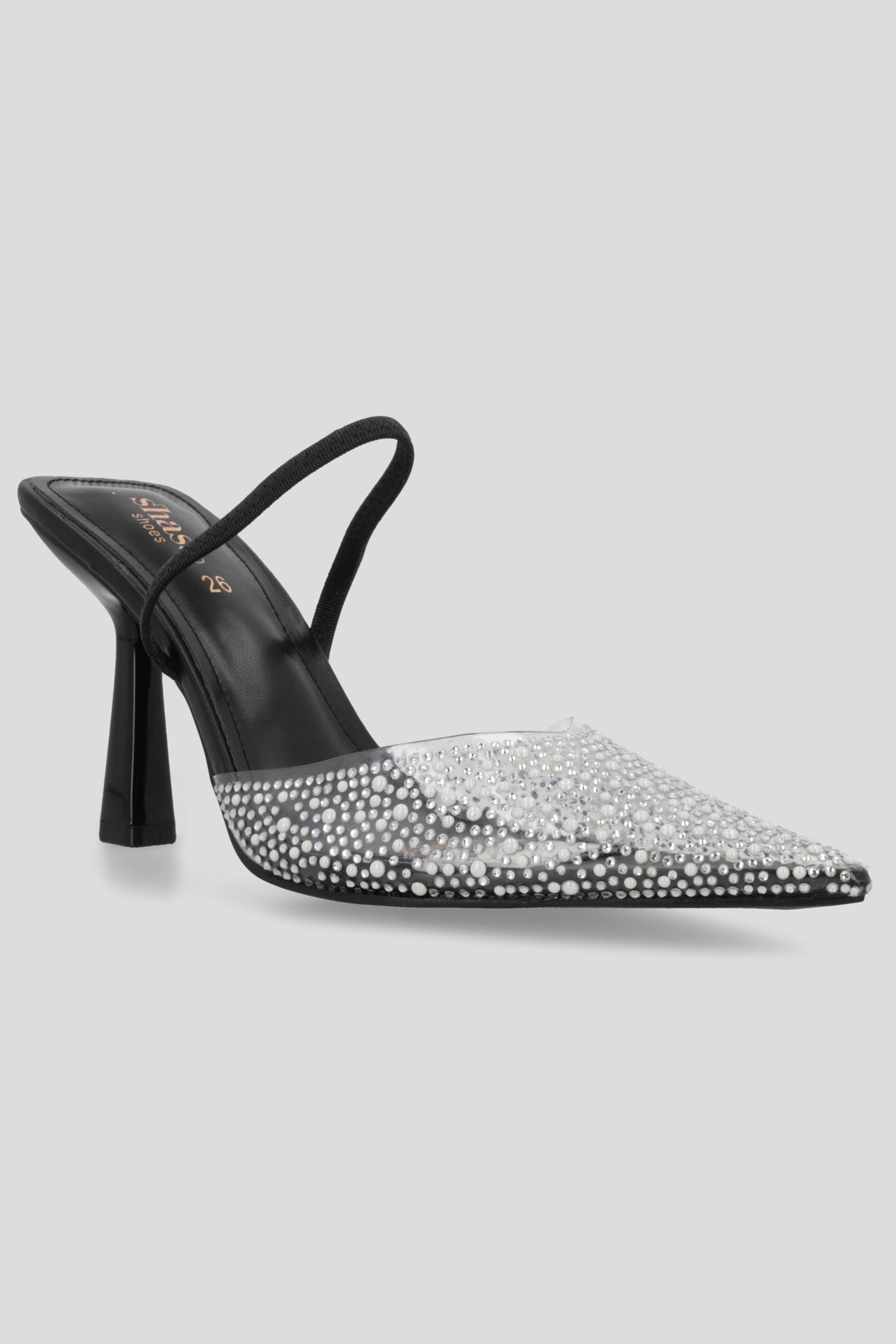 Tacon pointy transparente brillos y perlas NEGRO