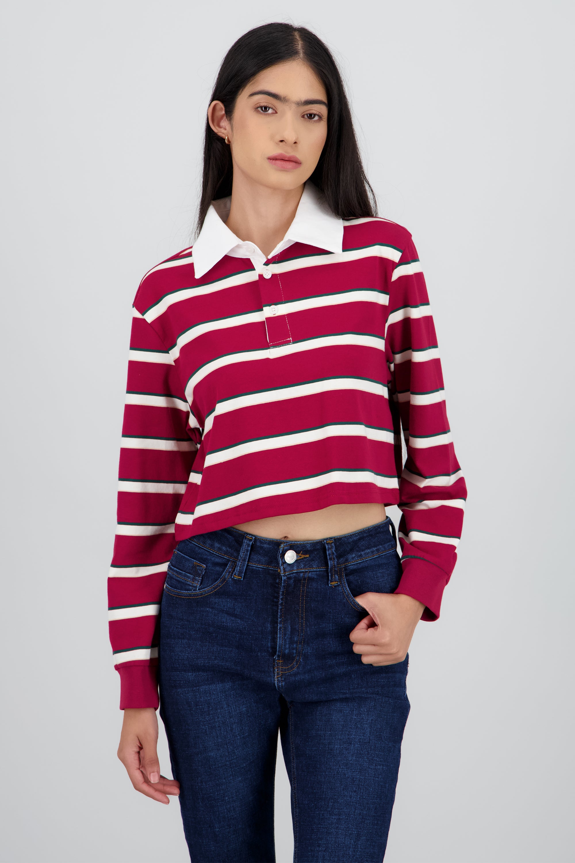 Playera polo con rayas manga larga VINO COMBO