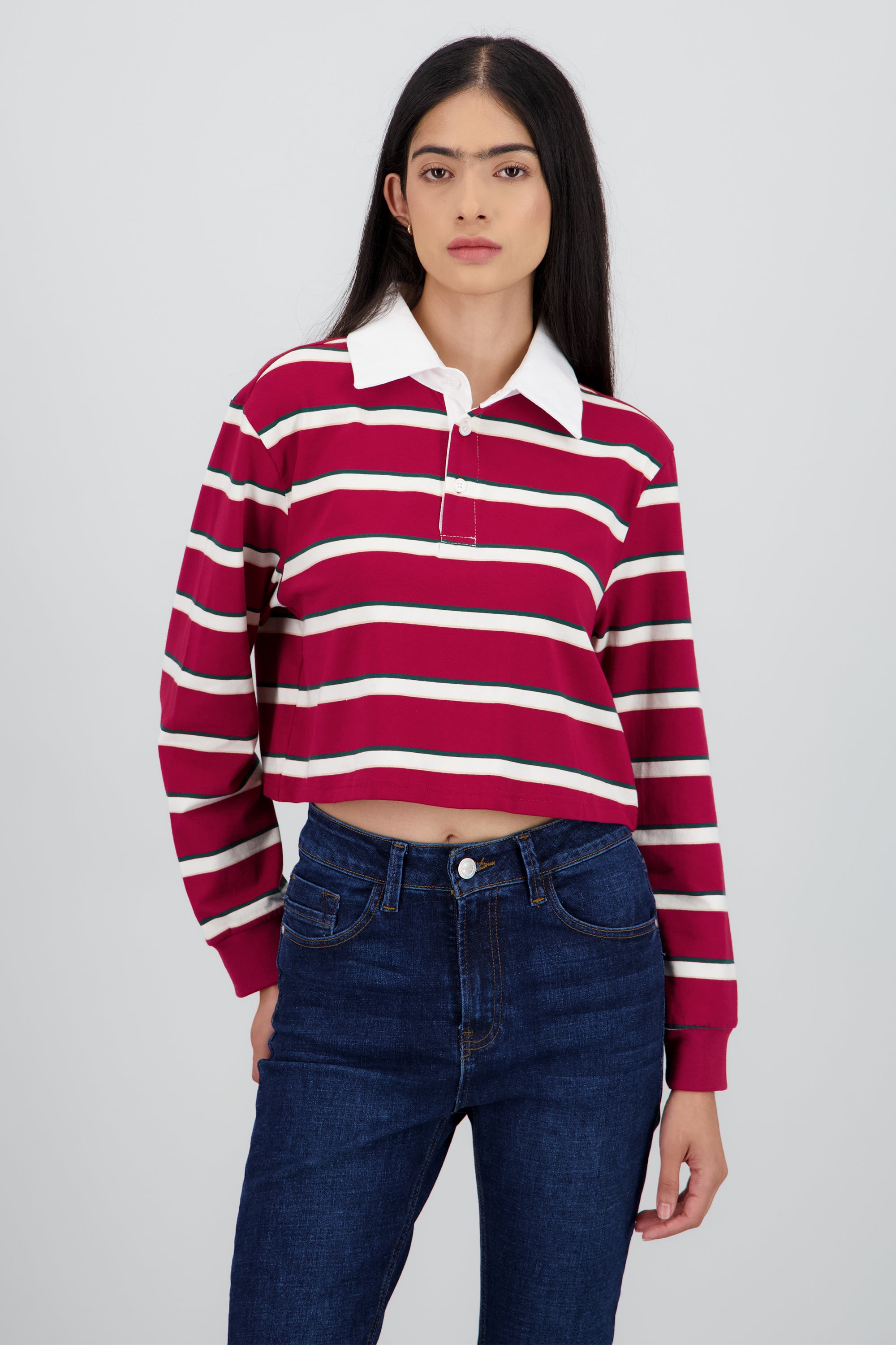 Playera polo con rayas manga larga VINO COMBO