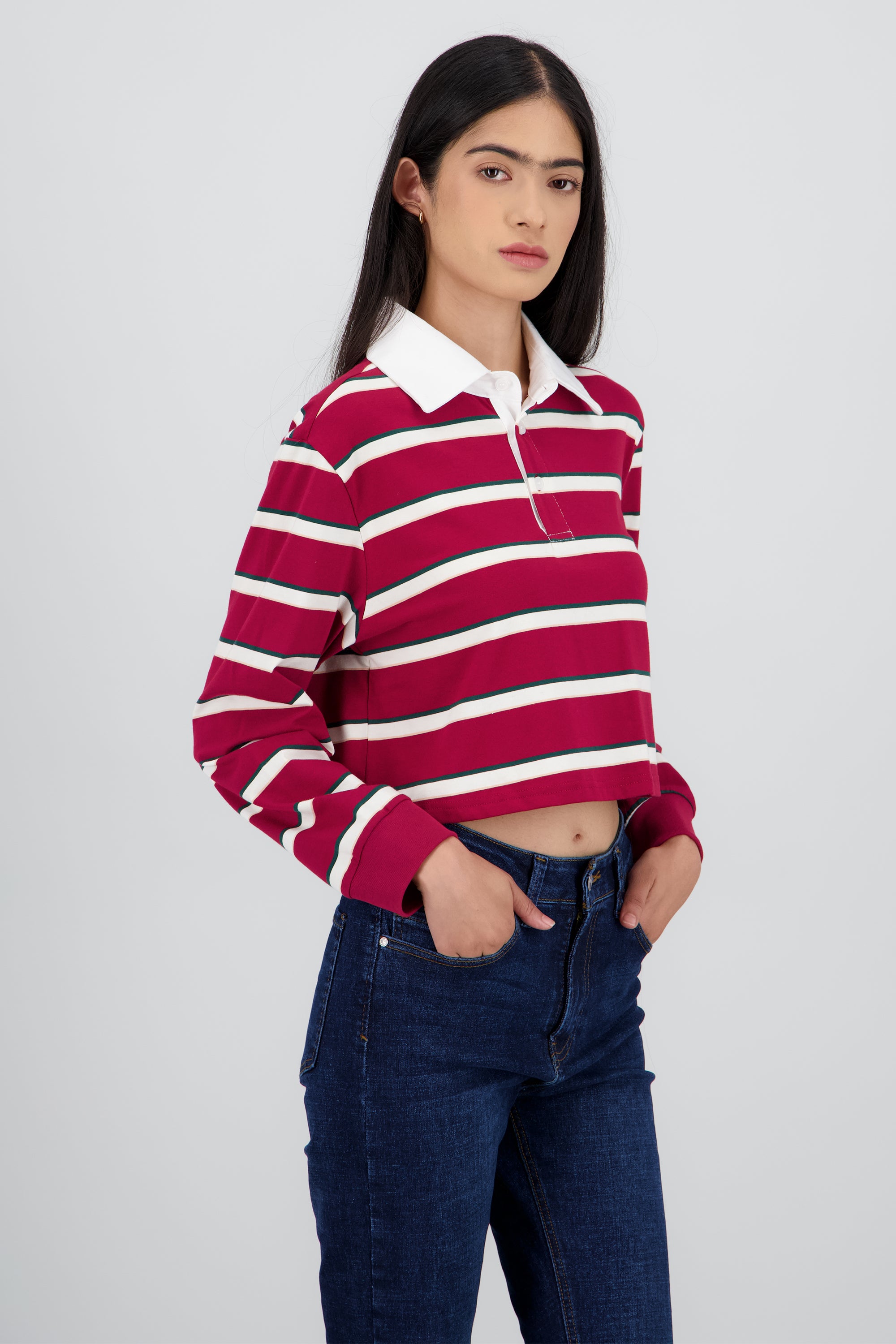 Playera polo con rayas manga larga VINO COMBO