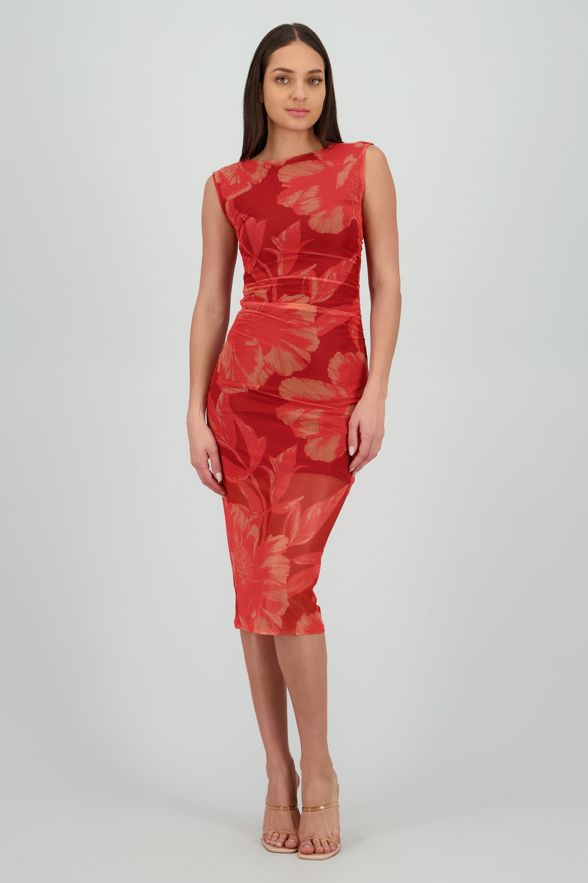 Vestido estampado midi drapeado sin mangas ROJO COMBO