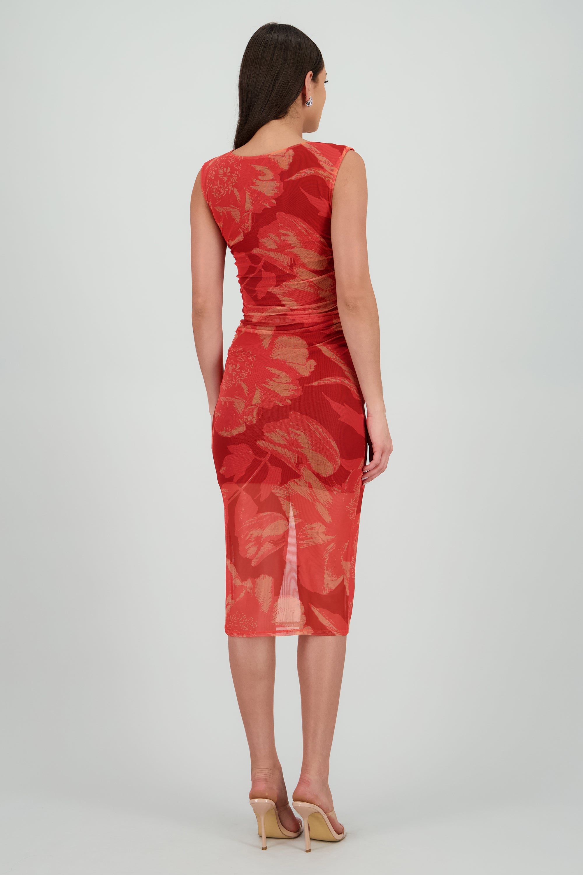 Vestido estampado midi drapeado sin mangas ROJO COMBO