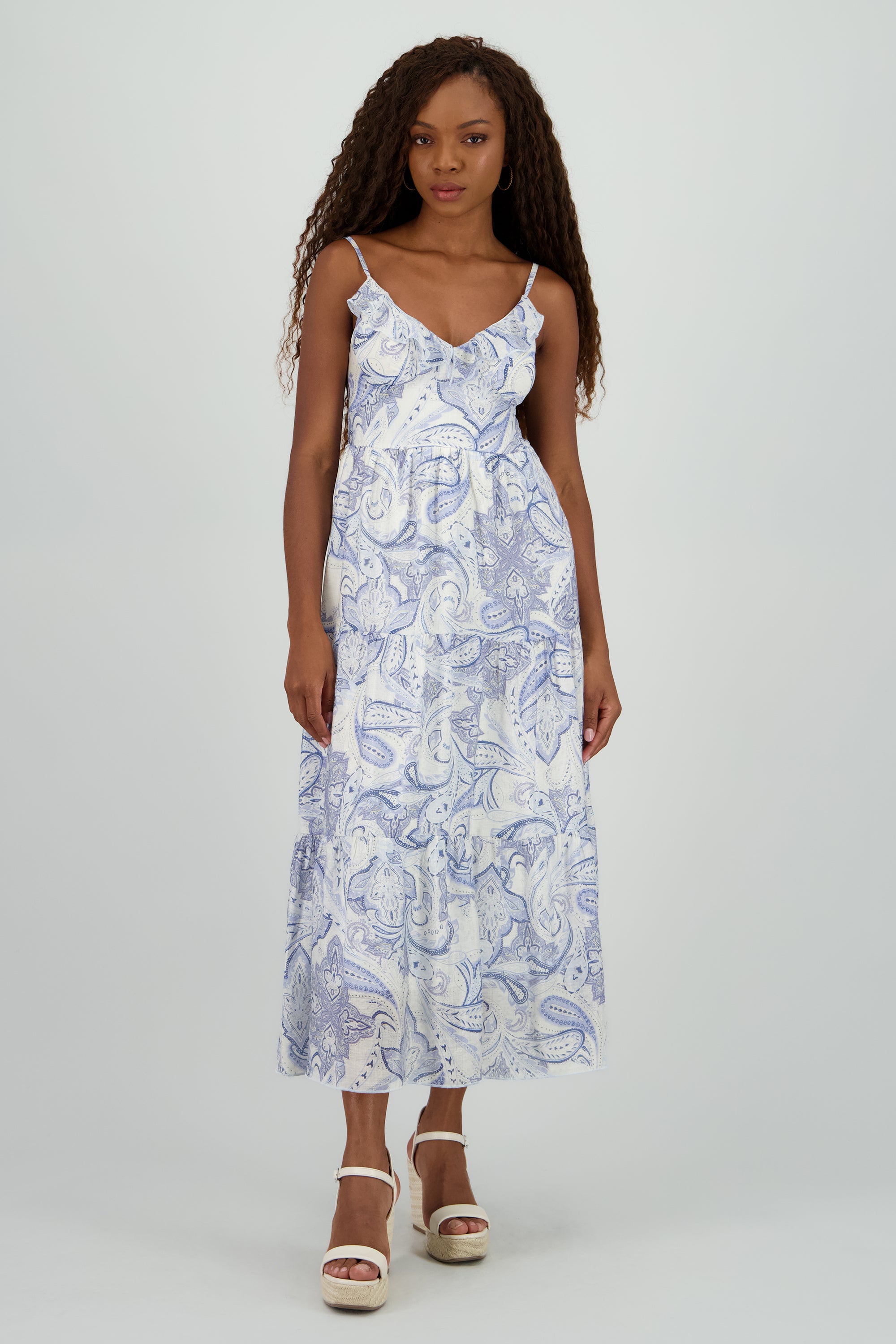 Vestido midi escote v detalle olanes AZUL COMBO
