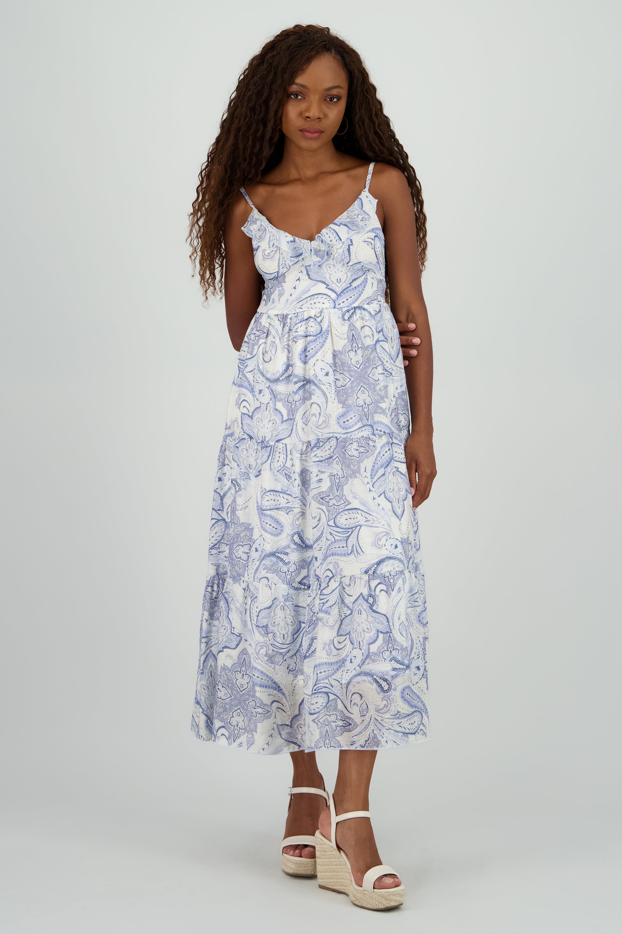 Vestido midi escote v detalle olanes AZUL COMBO