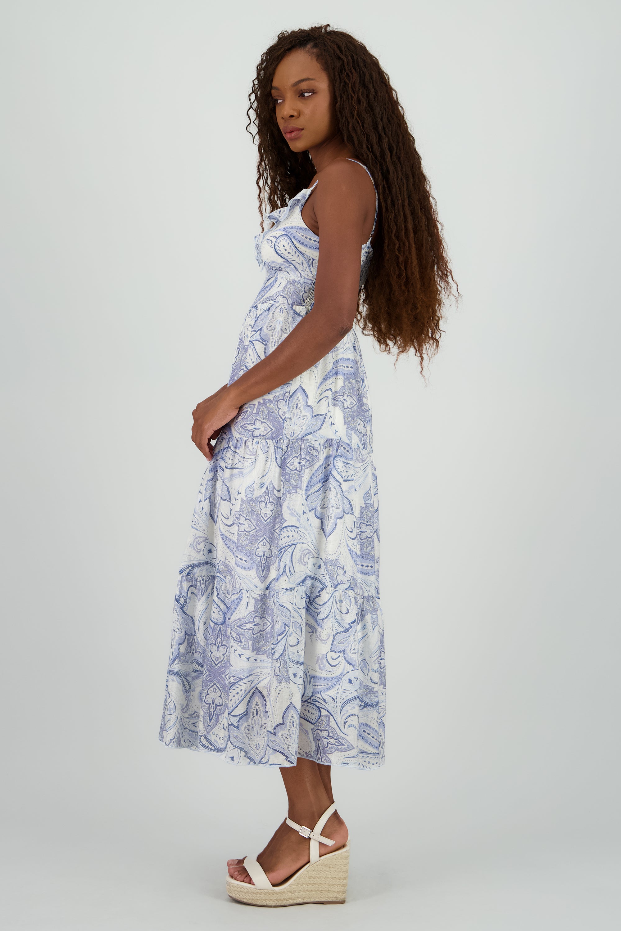 Vestido midi escote v detalle olanes AZUL COMBO