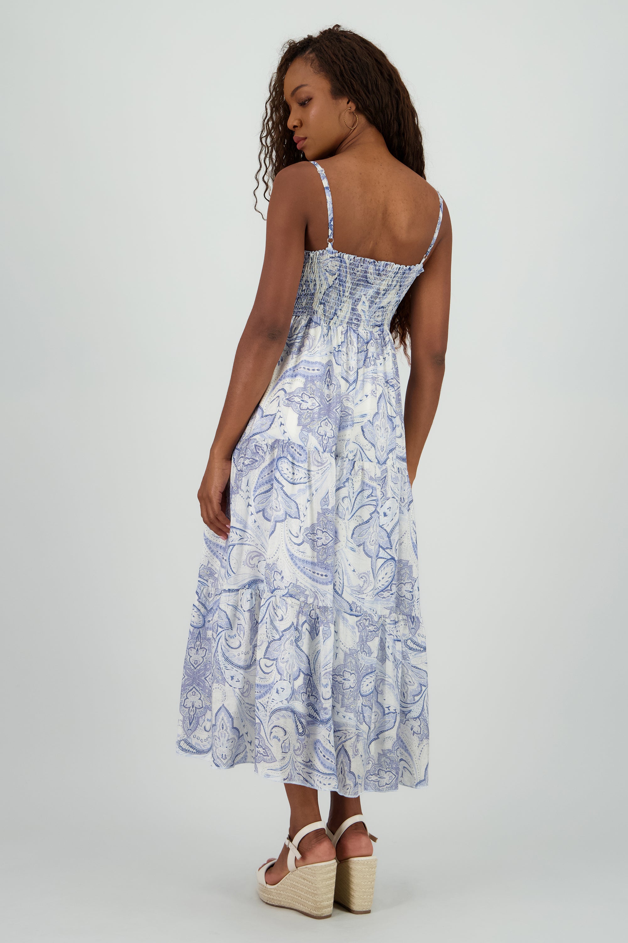 Vestido midi escote v detalle olanes AZUL COMBO