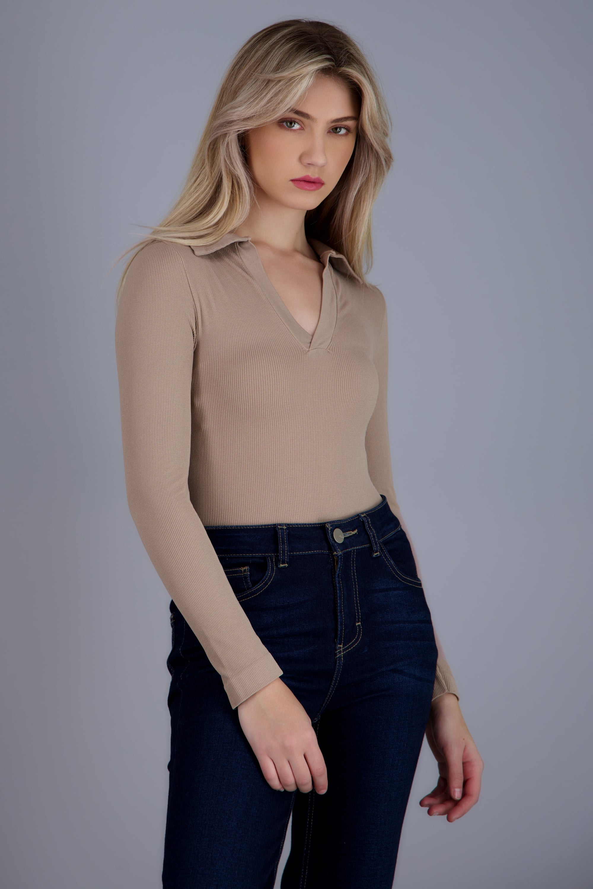 Bodysuit manga larga seamless liso TAUPE