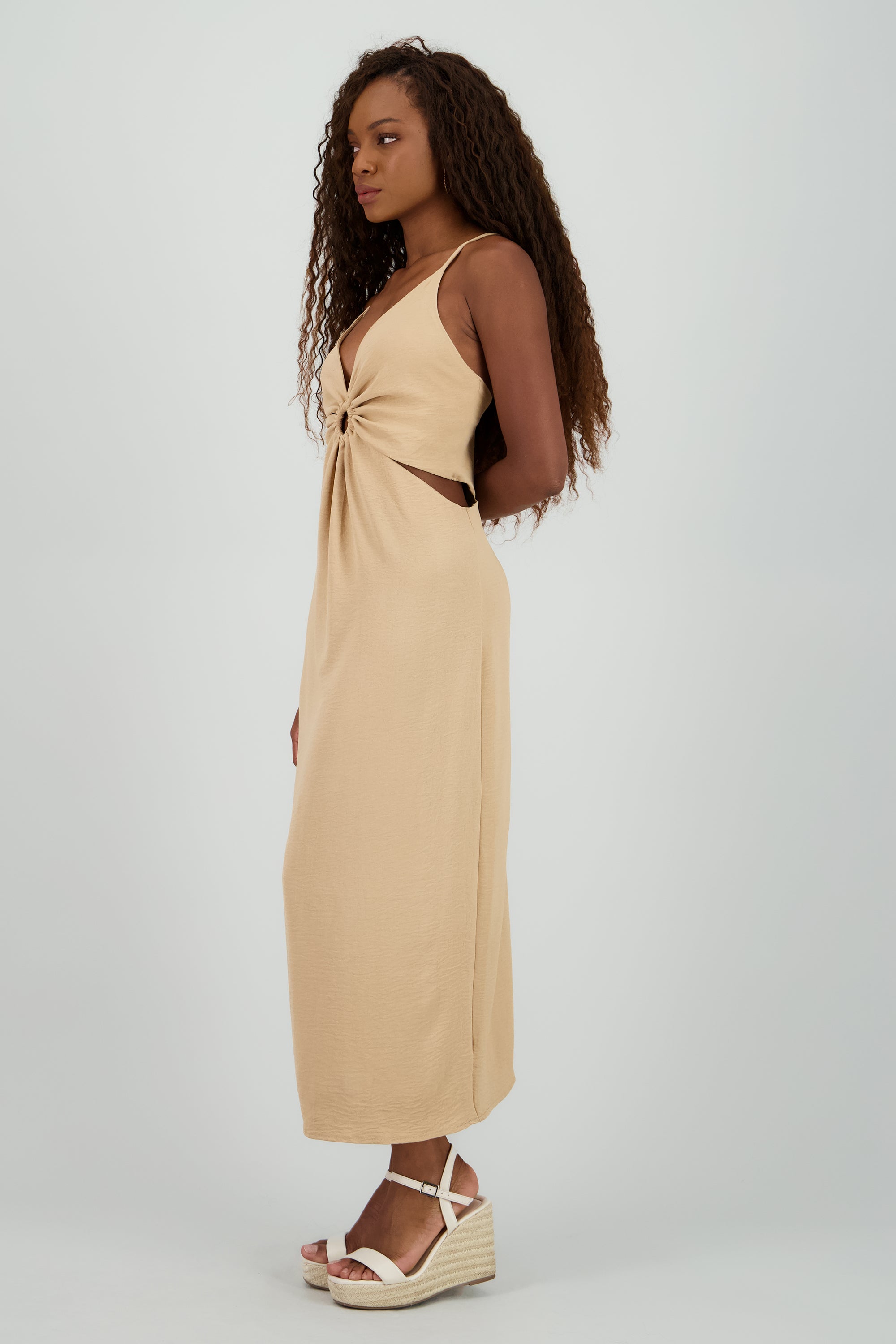 Vestido midi cuello v detalle cortes TAUPE