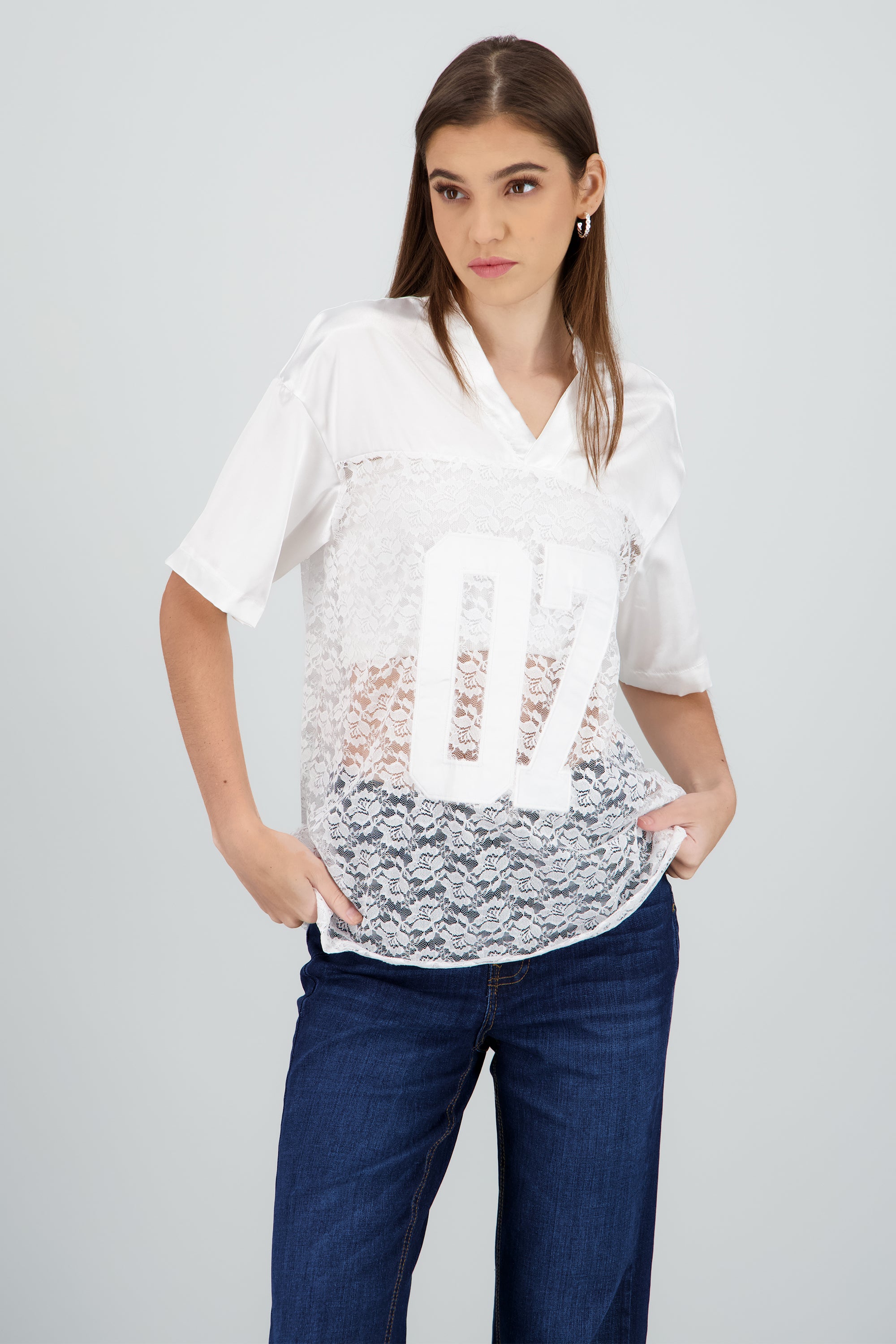 Playera manga cota numero encaje BLANCO