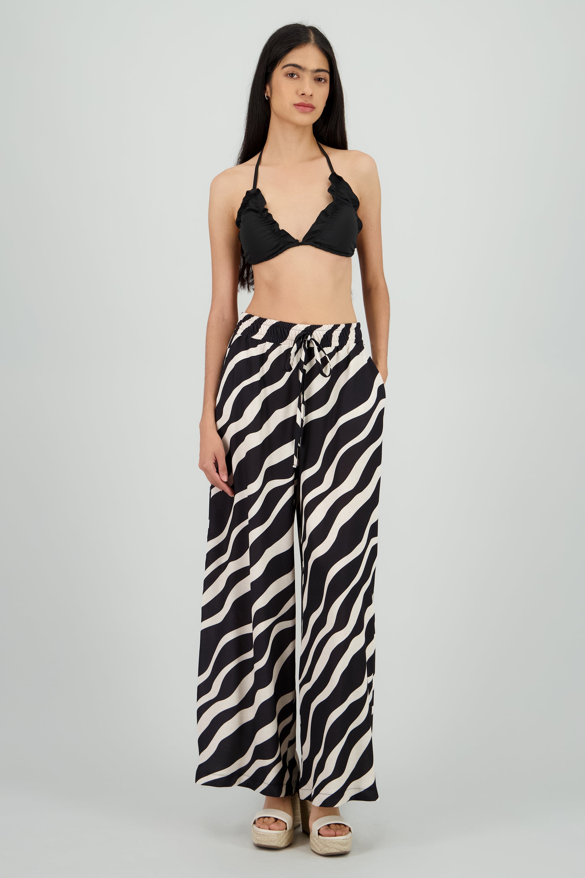 Pantalones estampado tropical jareta NEGRO COMBO