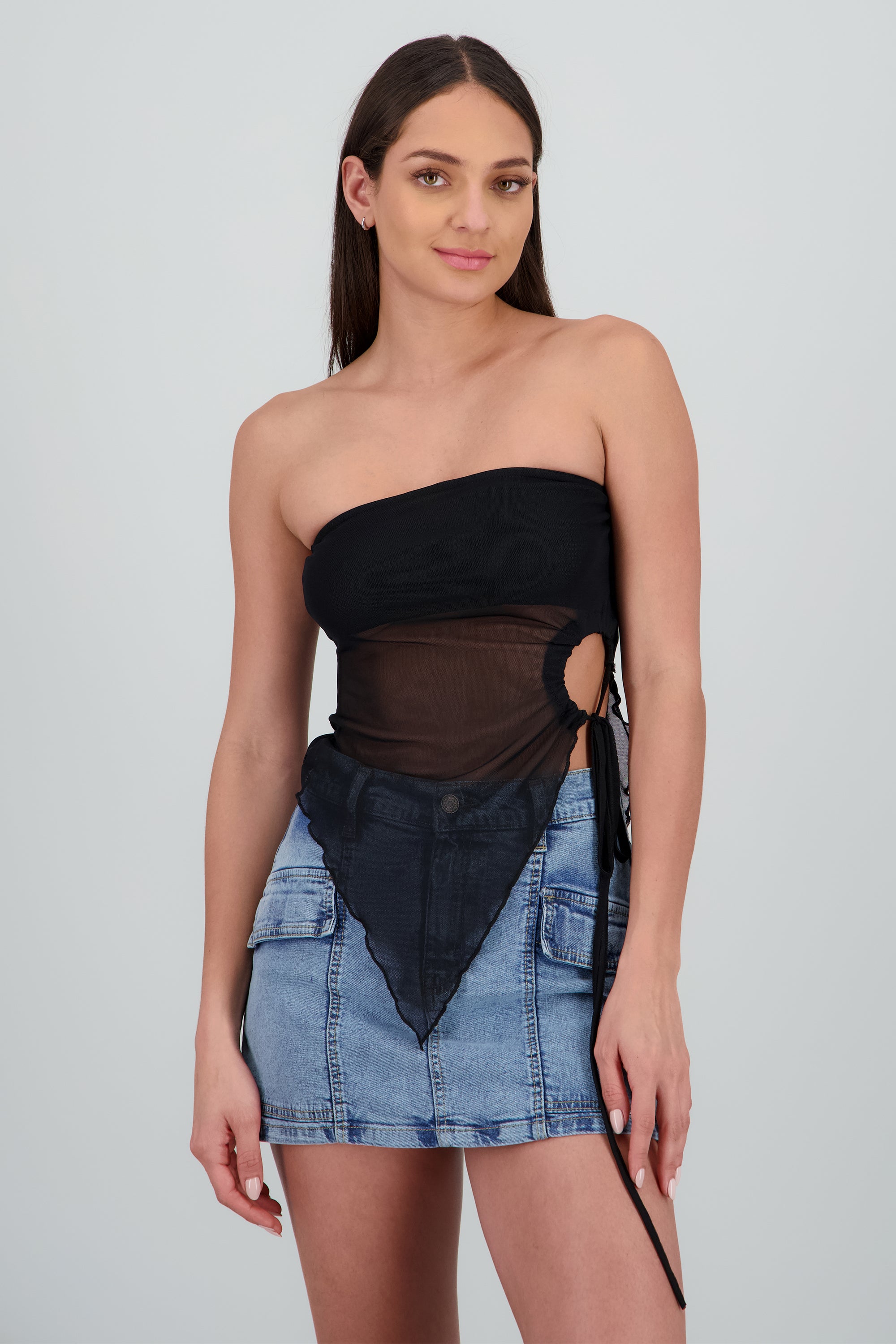 Top strapless de mesh liso NEGRO