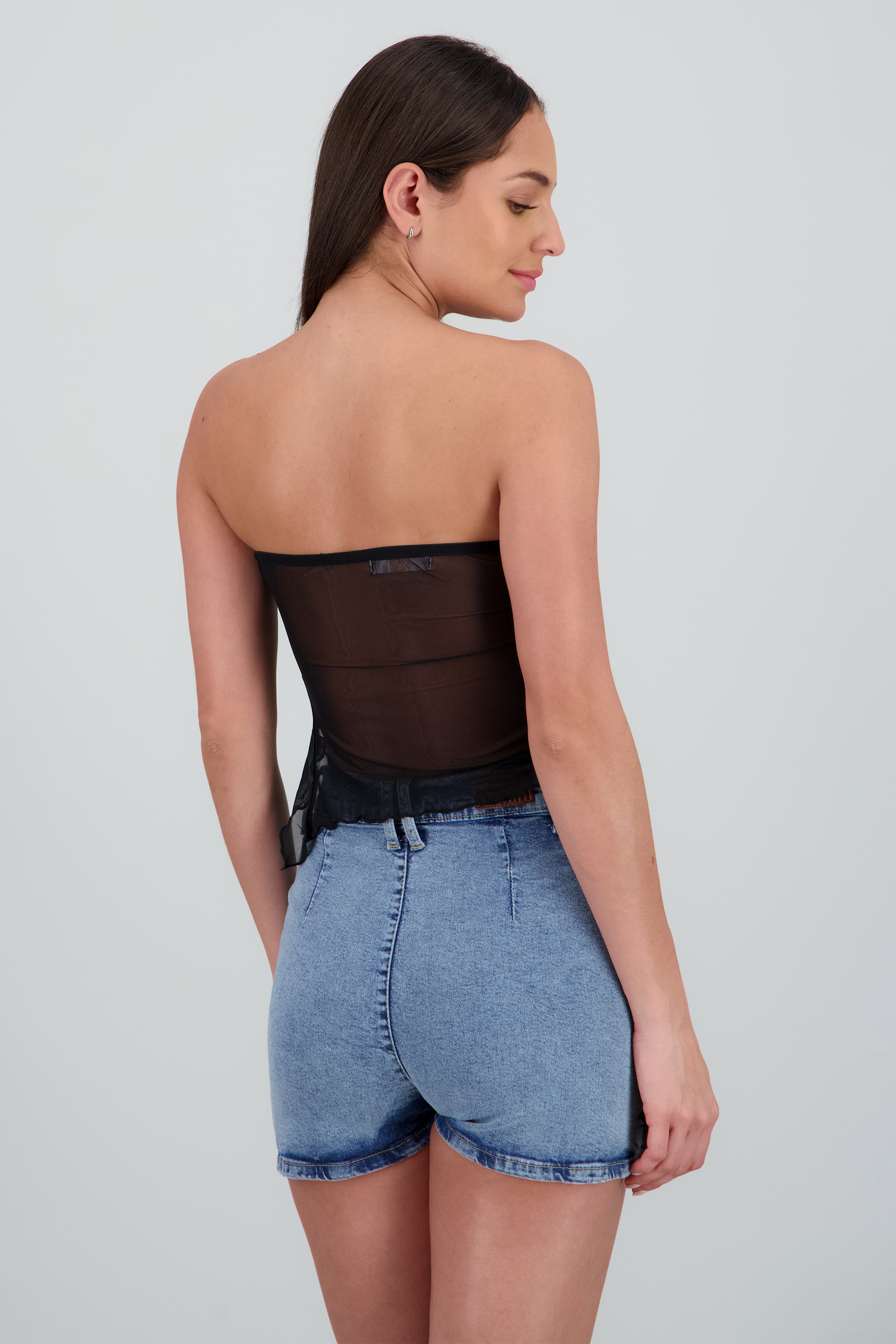 Top strapless de mesh liso NEGRO