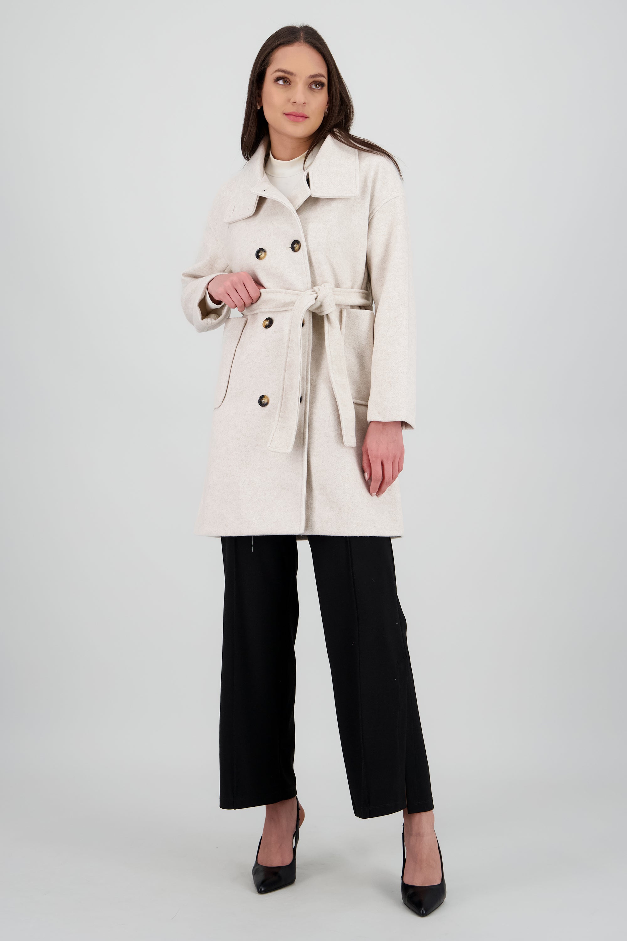 Abrigo midi con cinturon y bolsas liso KHAKI