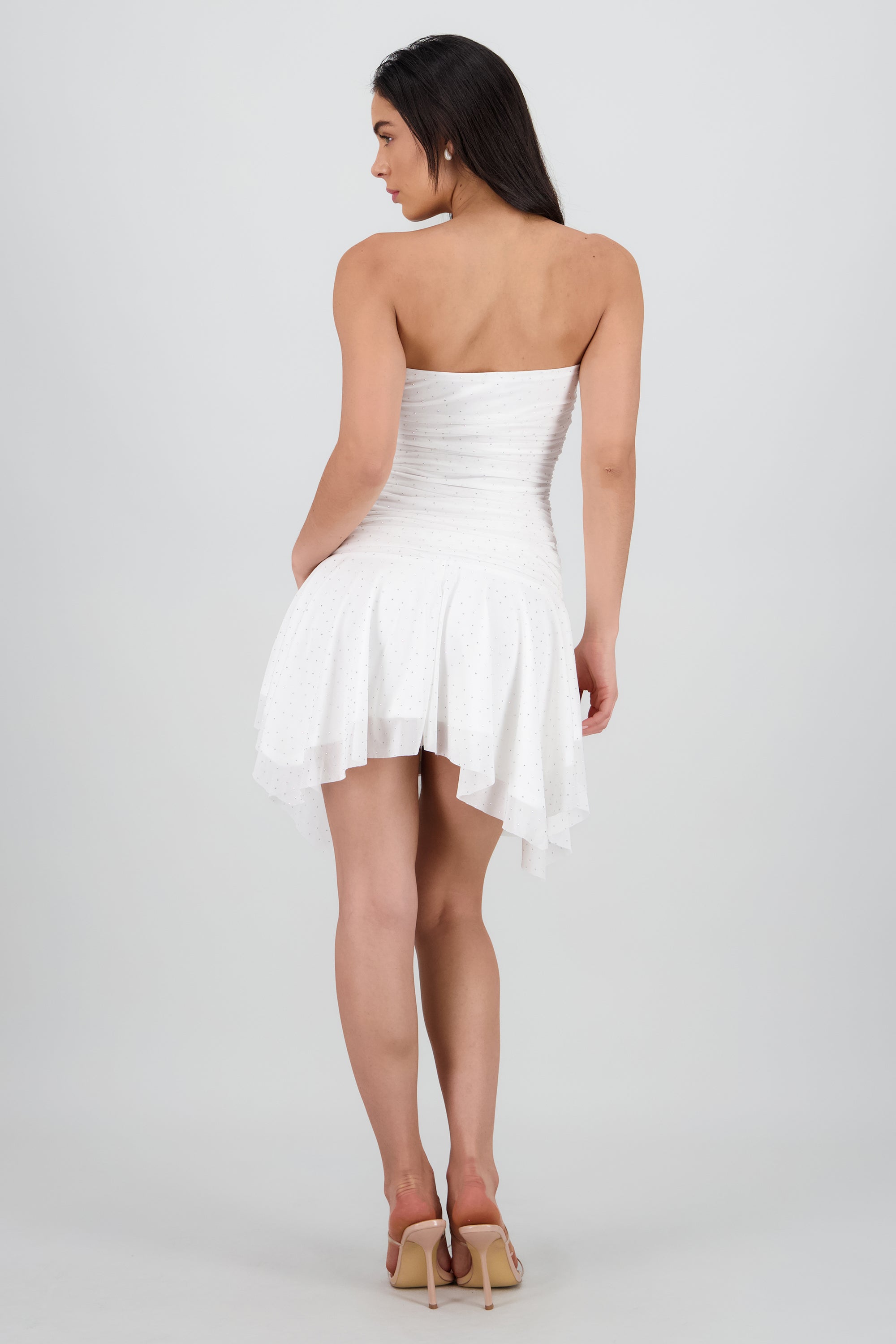 Vestido bandeau asimetrico con aplicacion brillos BLANCO