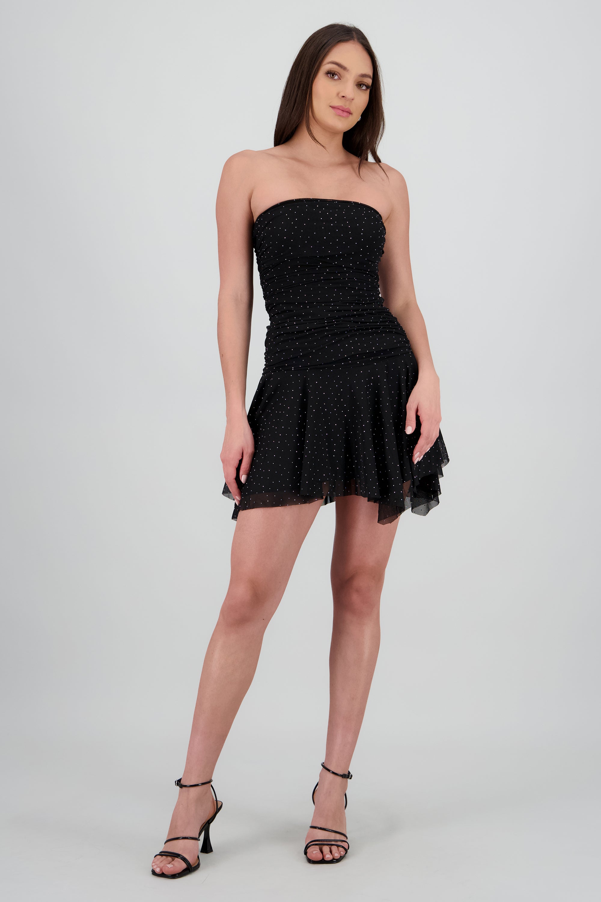 Vestido bandeau asimetrico con aplicacion brillos NEGRO