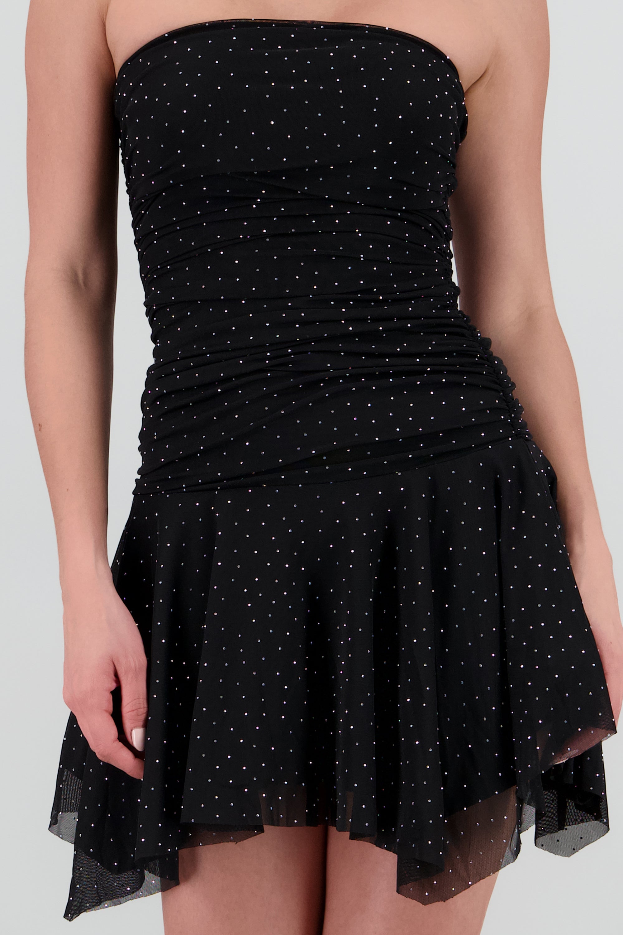 Vestido bandeau asimetrico con aplicacion brillos NEGRO