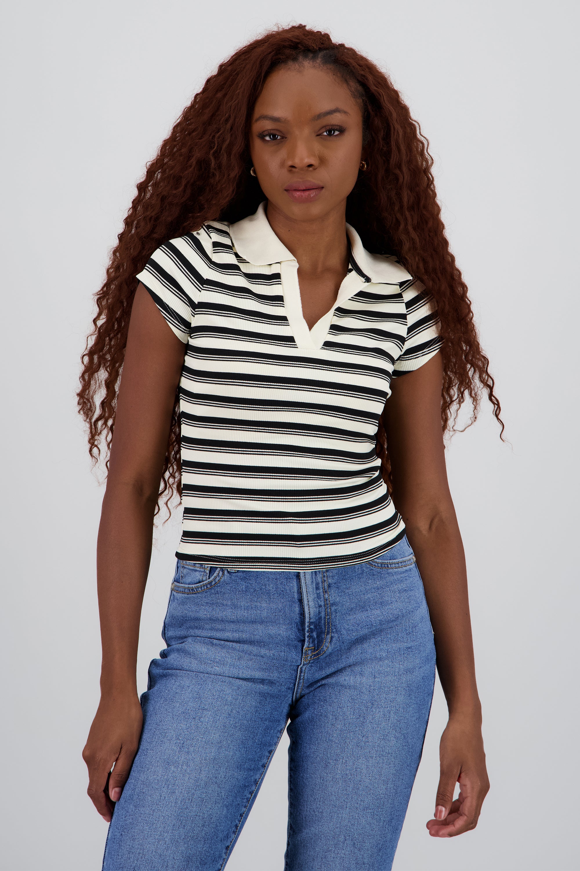 Top cuello polo manga corta rayas HUESO COMBO