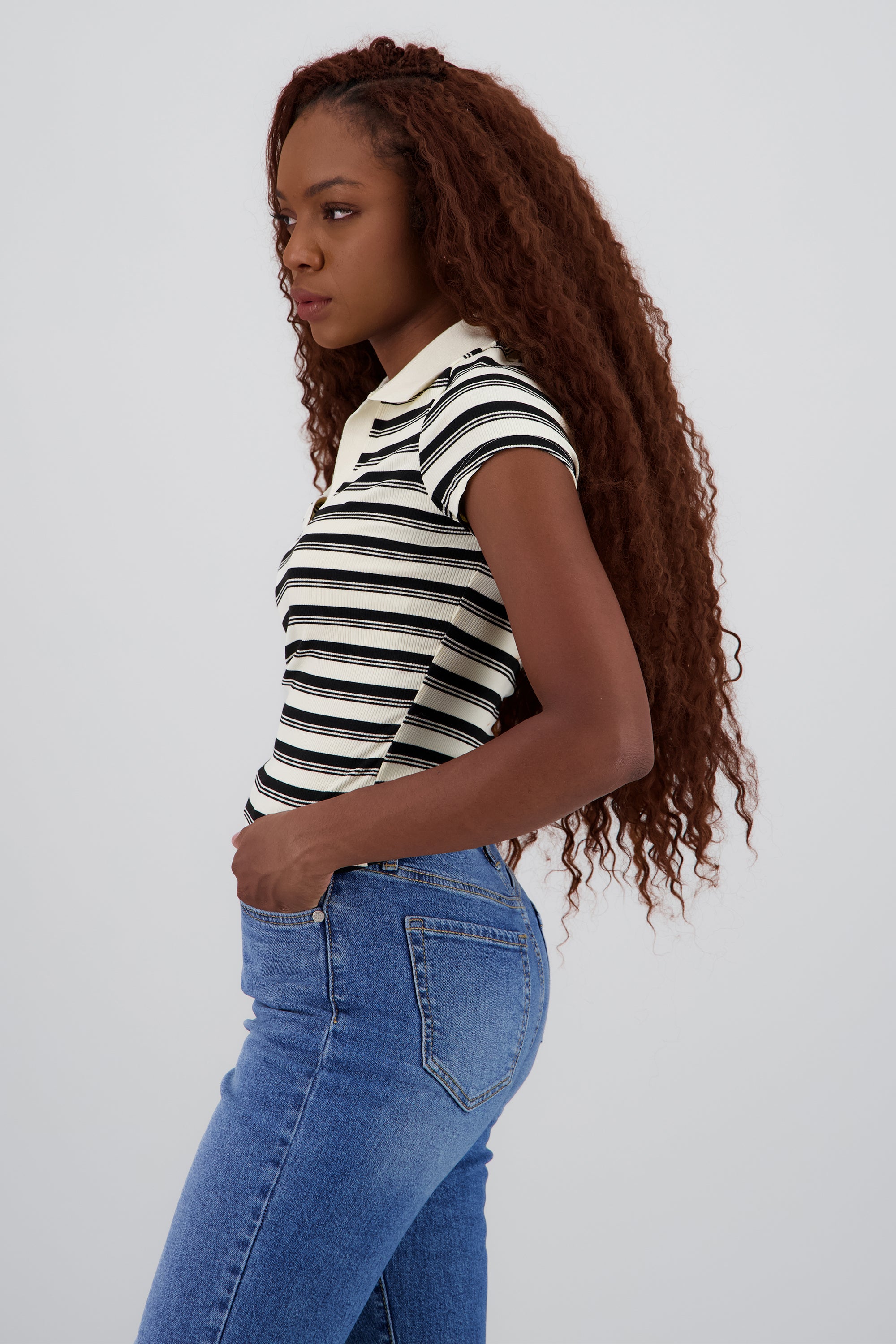 Top cuello polo manga corta rayas HUESO COMBO