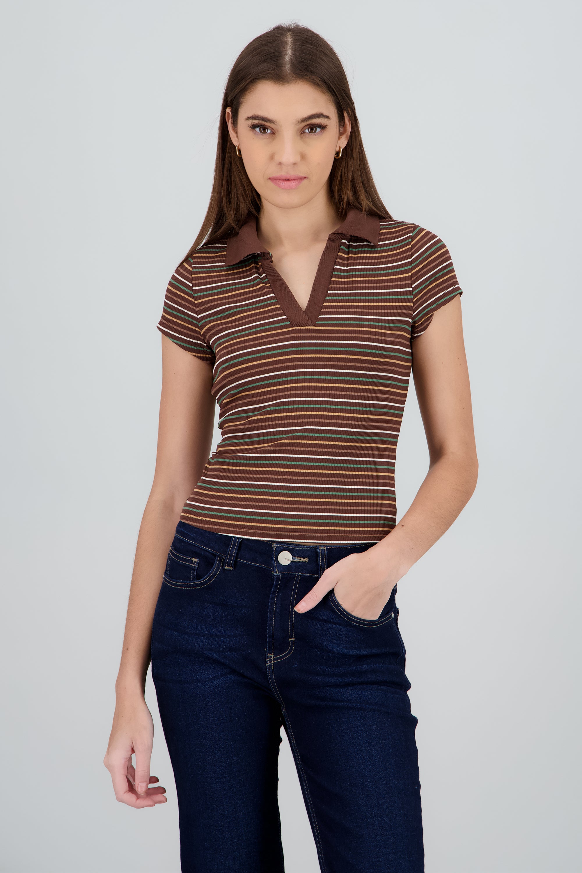Top cuello polo rib rayas CAFE COMBO