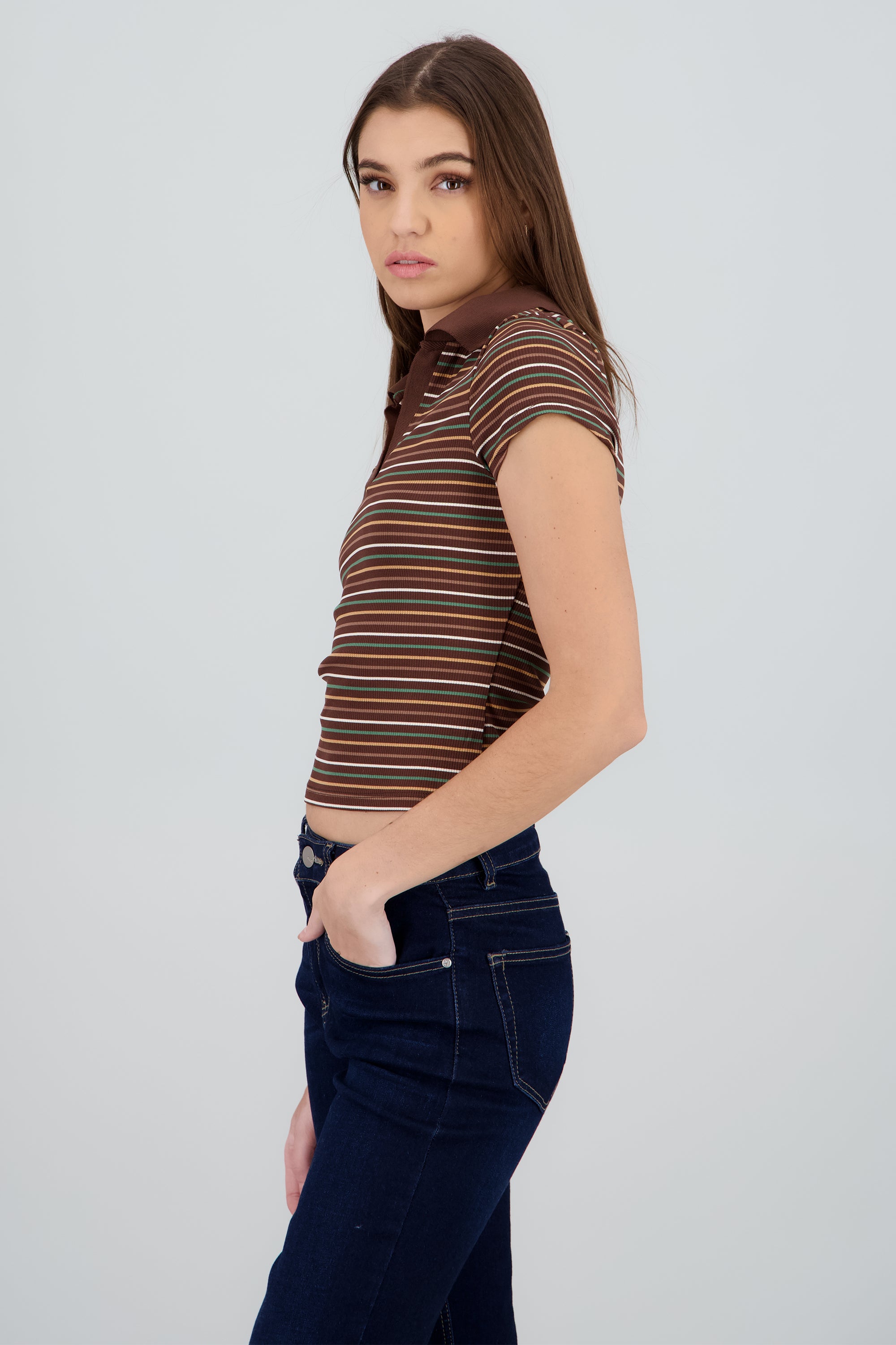 Top cuello polo rib rayas CAFE COMBO