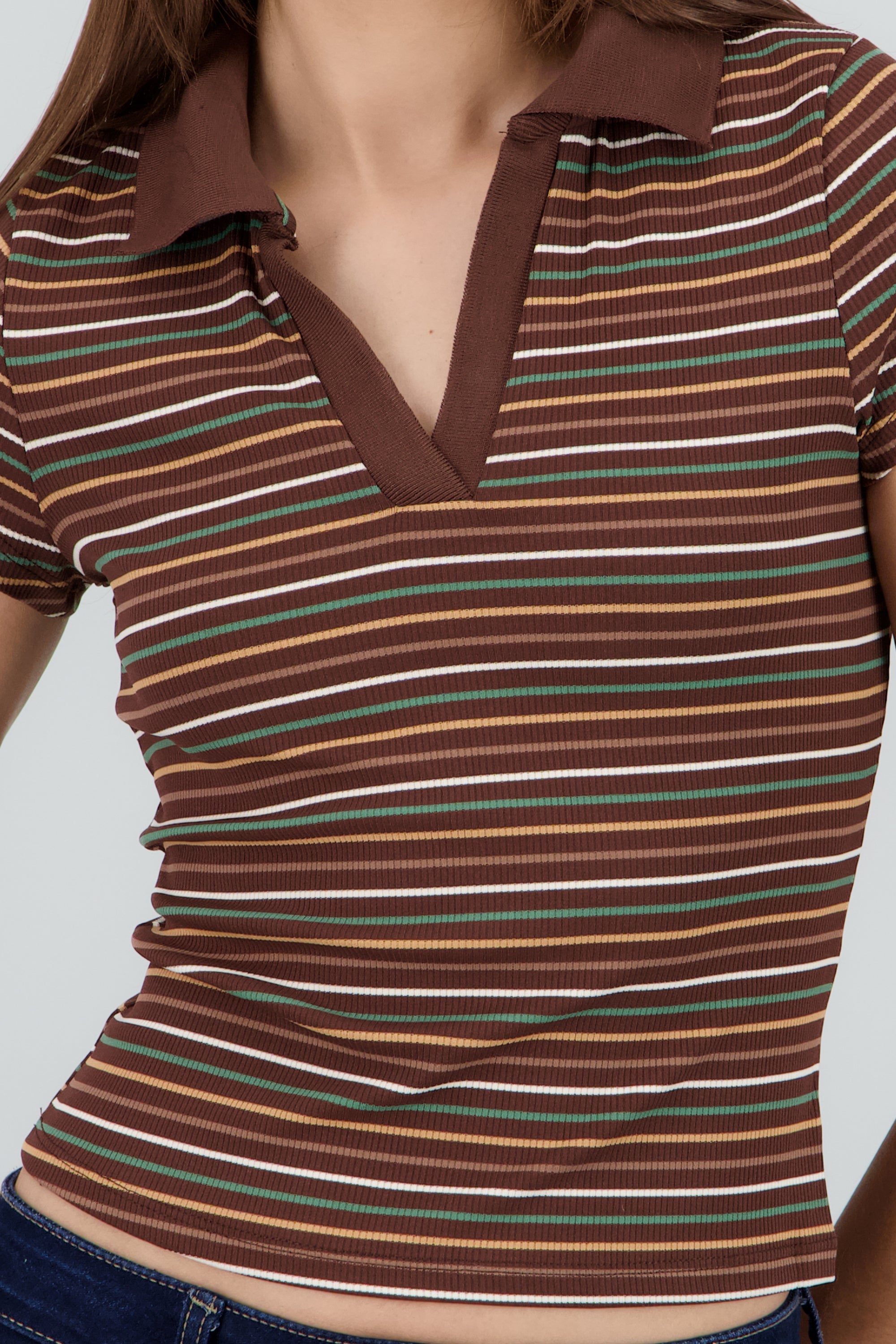Top cuello polo rib rayas CAFE COMBO