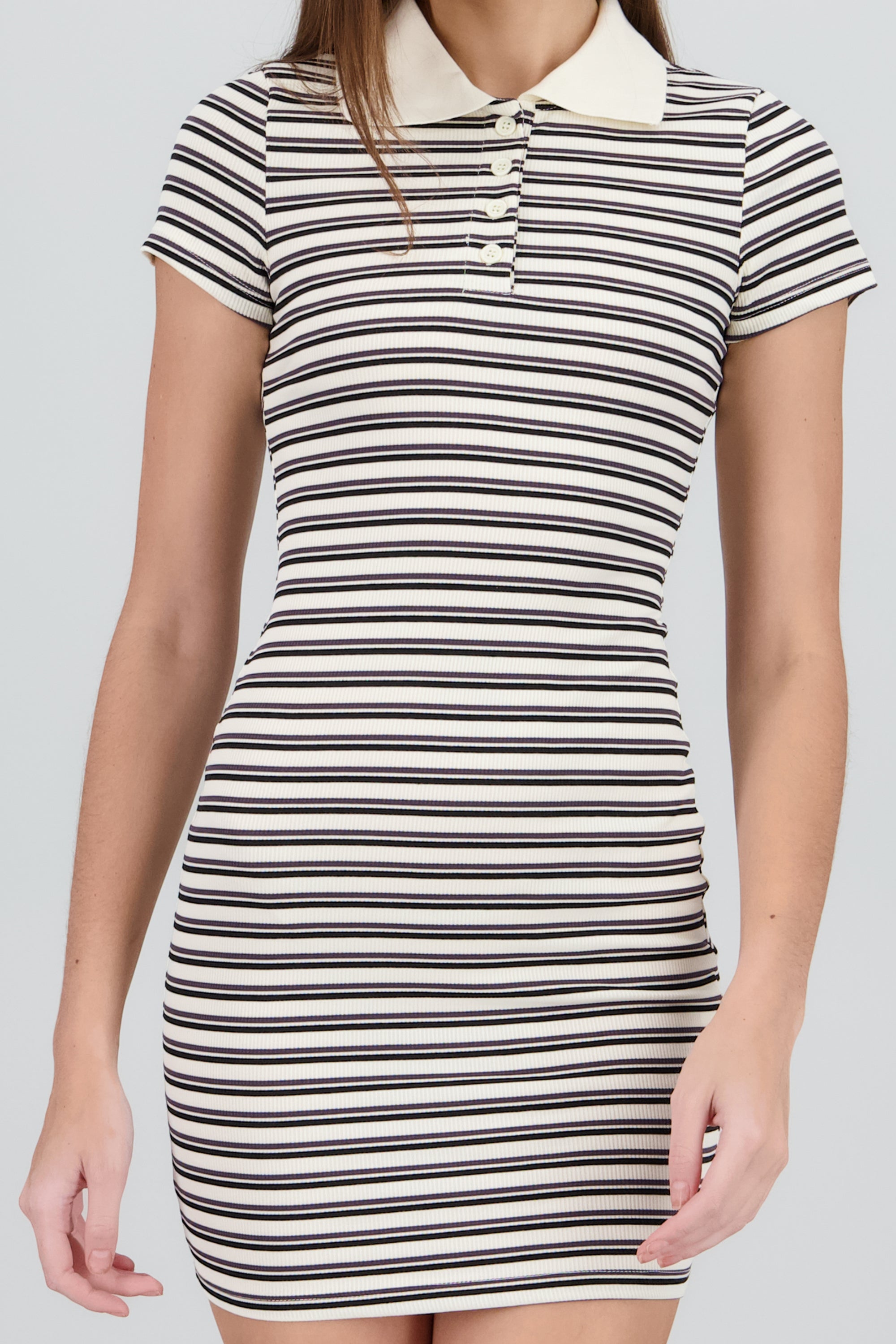 Vestido cuello polo rib rayas HUESO COMBO