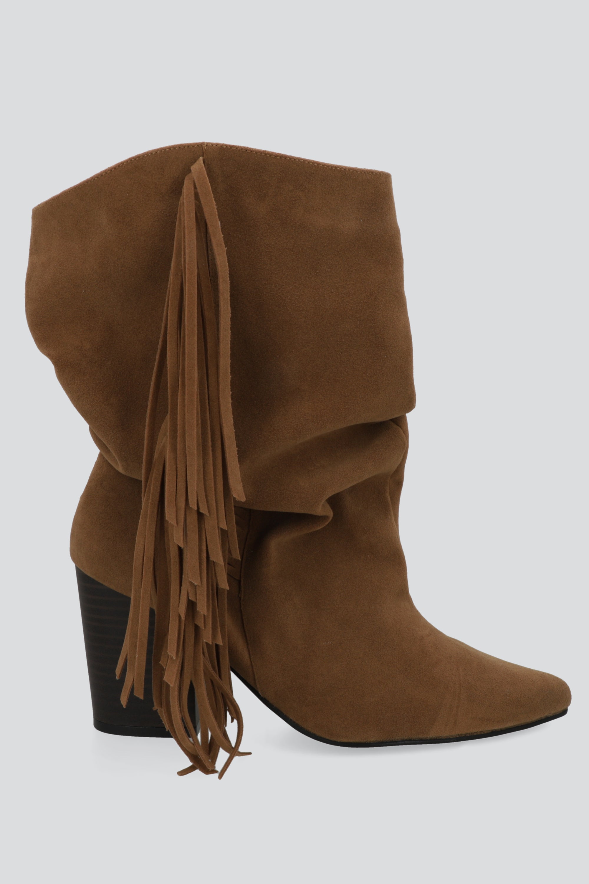 Botin tacon alto flecos CAMELLO