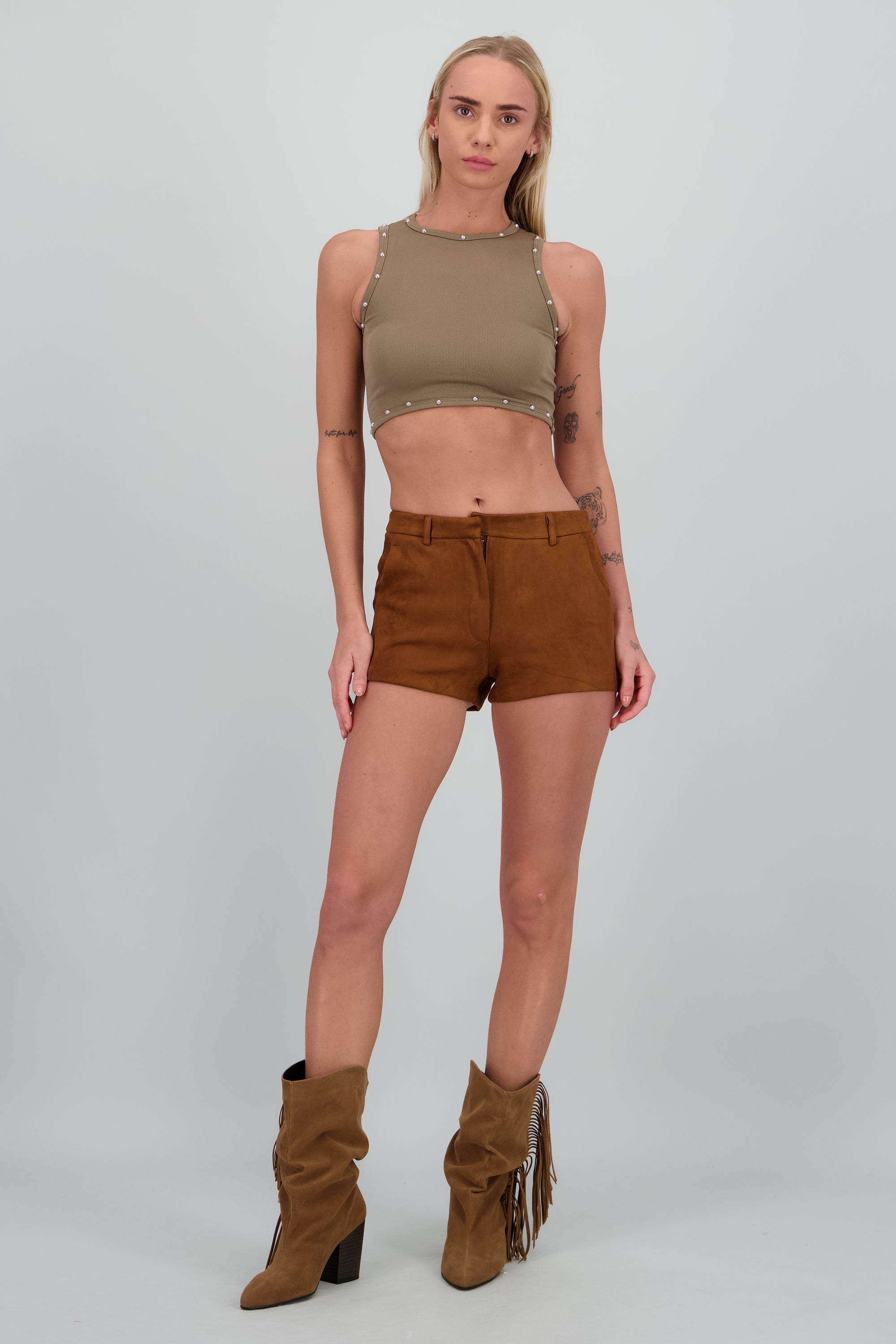 Botin tacon alto flecos CAMELLO