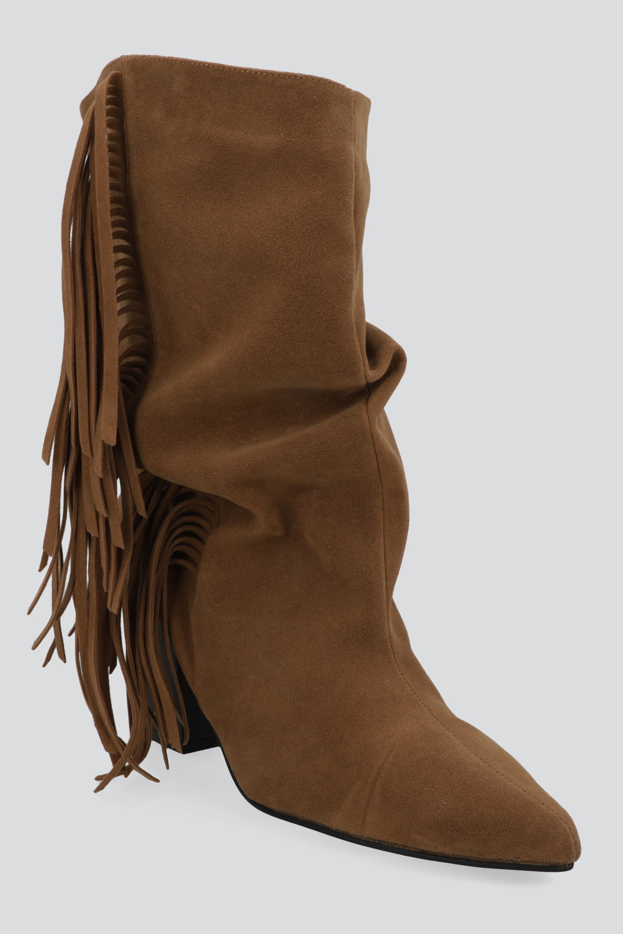 Botin tacon alto flecos CAMELLO